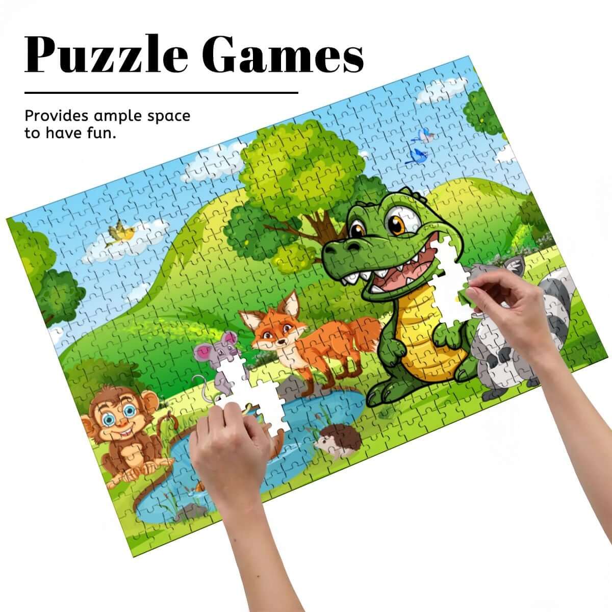 500-teiliges Holzpuzzle (horizontal) mit beliebten Tiermotiven und bunten Farben auf einer großen Fläche.