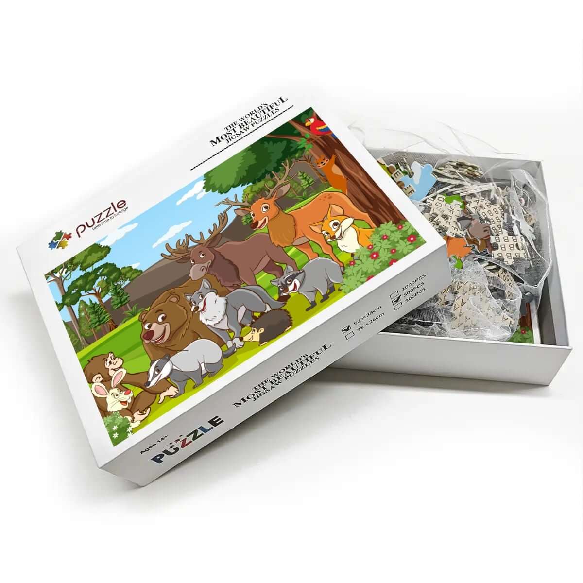 500-teiliges Holzpuzzle (horizontal) mit buntem Tierdesign und hochwertigen Puzzlestücken.