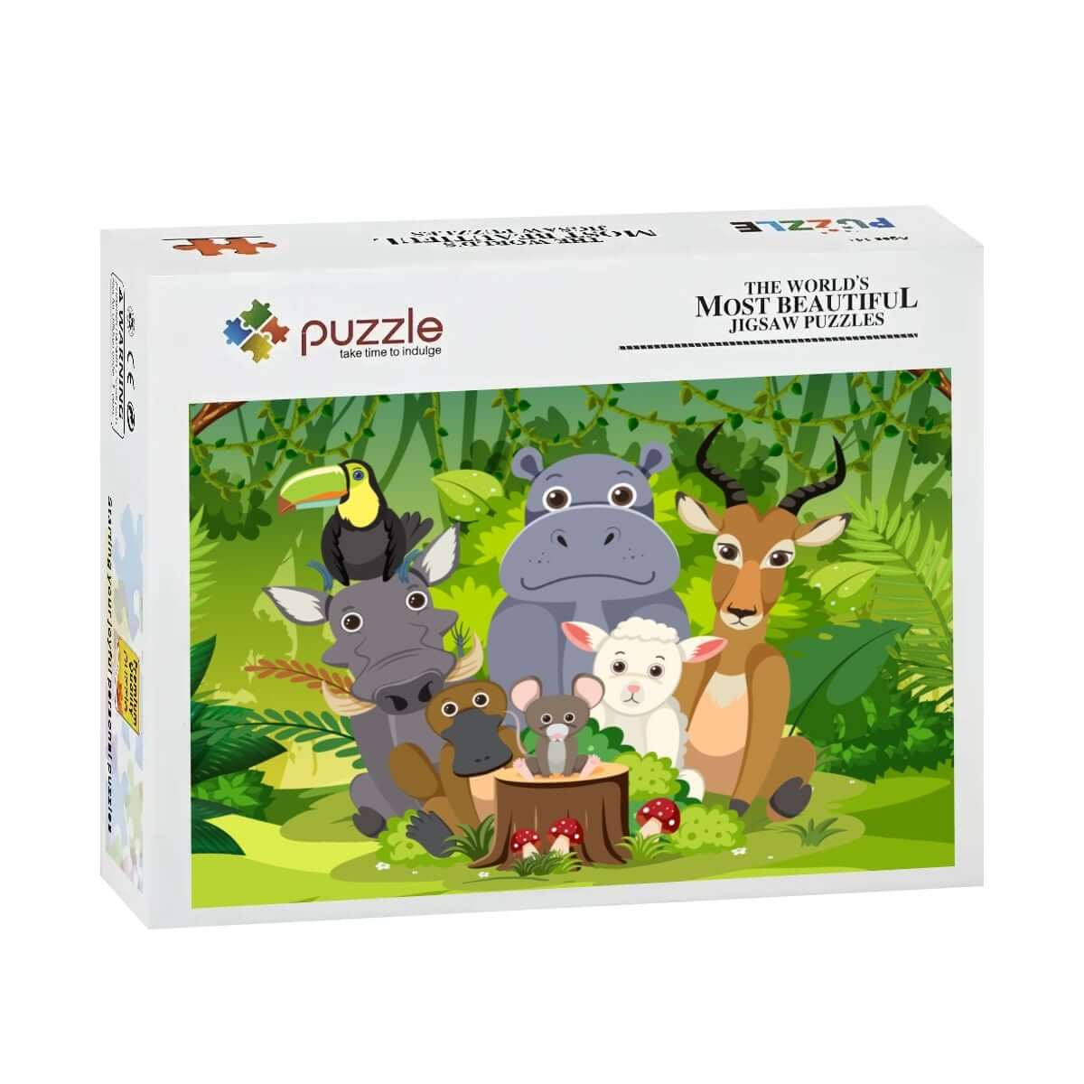 Verpackung des 500-teiliges Holzpuzzle (horizontal) mit tierischen Motiven in einer bunten Dschungelszene.