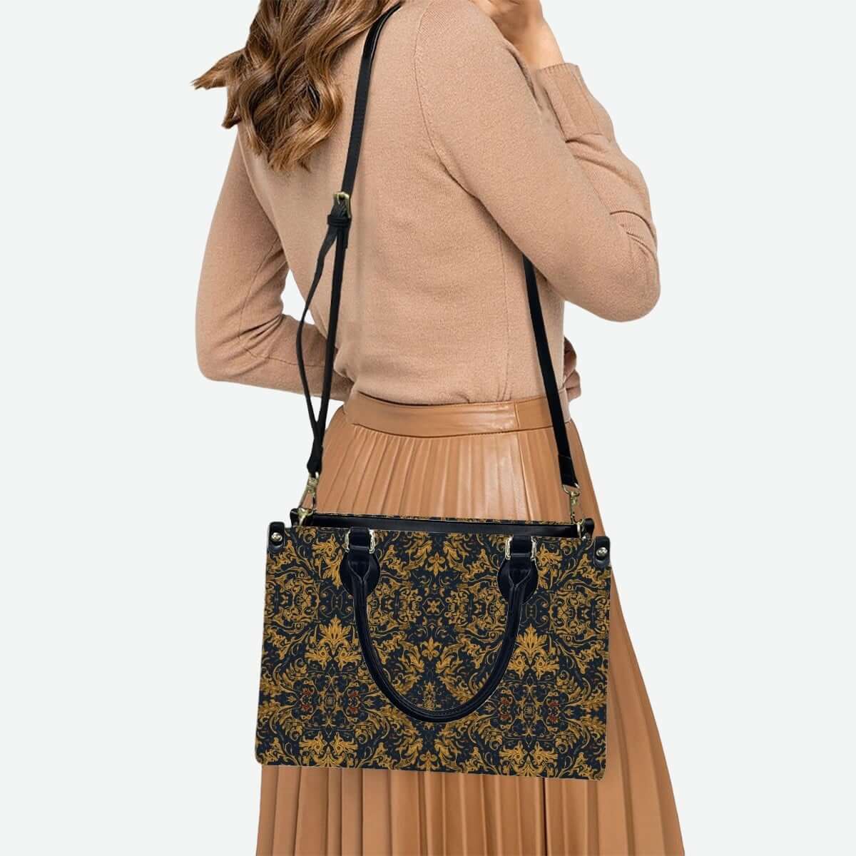 Woman carrying a stylish PU Tote Bag for Women with a decorative pattern, showcasing elegant fashion and versatility.