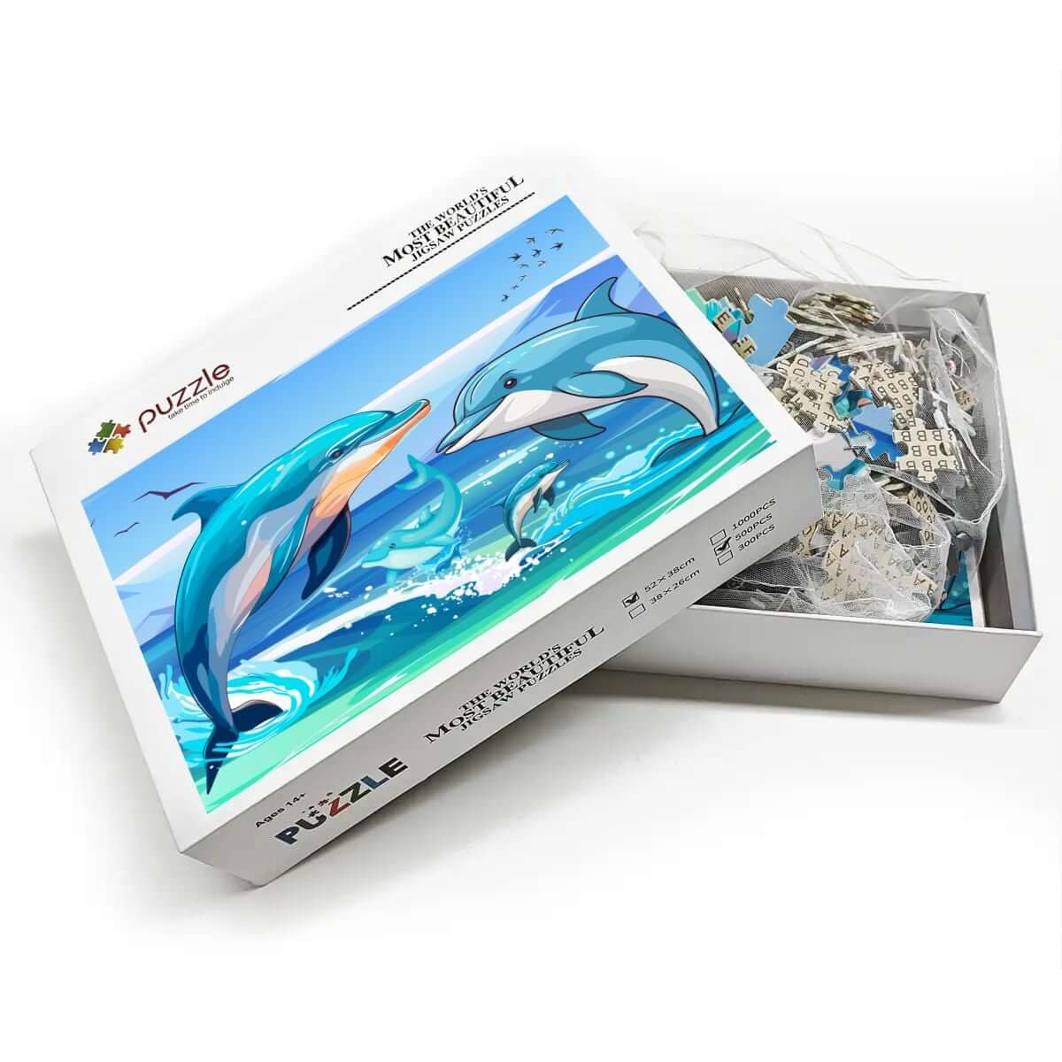 Detailansicht des 500-teiliges Holzpuzzle (horizontal) mit Delfinmotiv in der Verpackung.