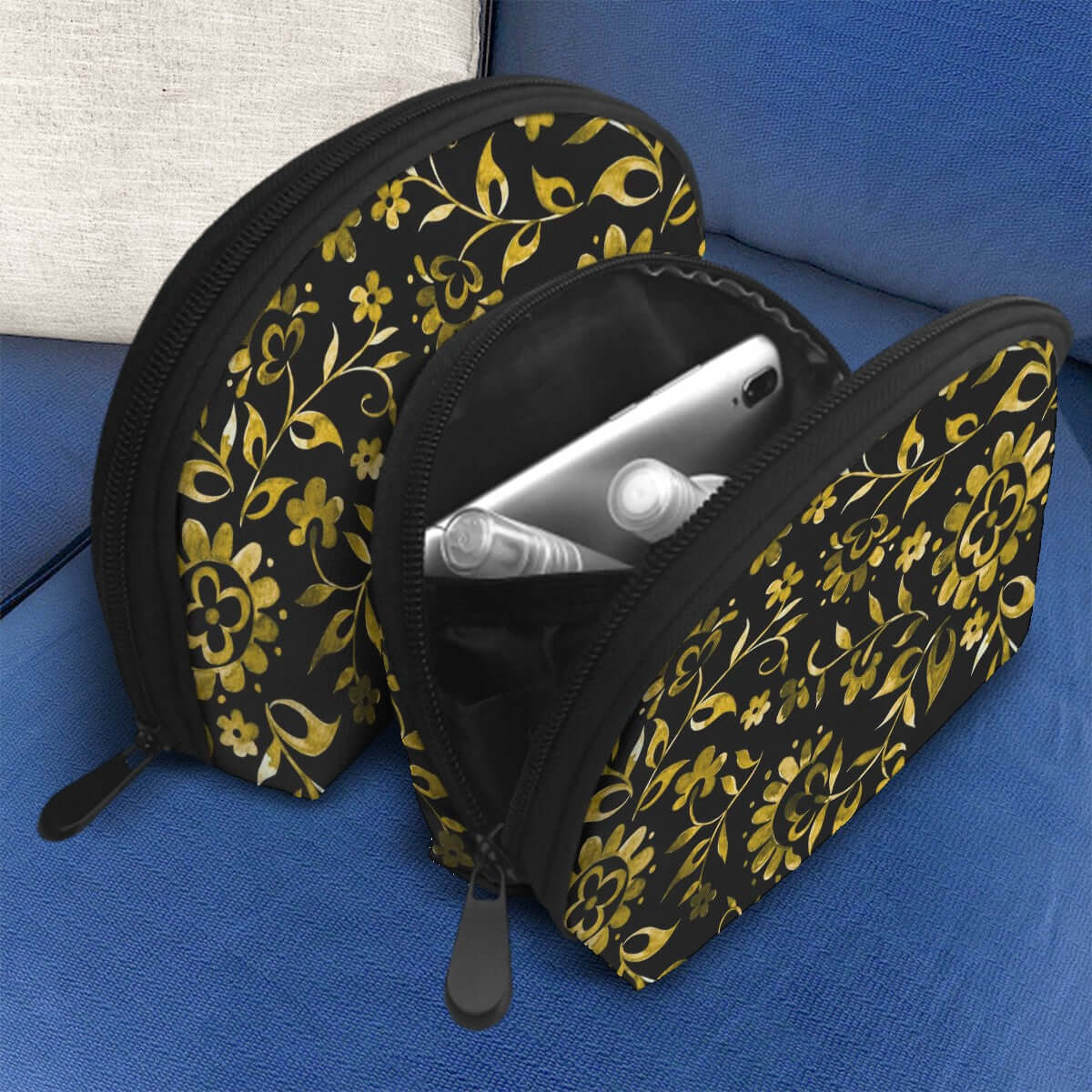 Aufbewahrungsbeutel-Set mit goldenen Blumenmuster, zwei Größen, aus Polyester, mit Reißverschluss, geeignet für Alltagsgegenstände