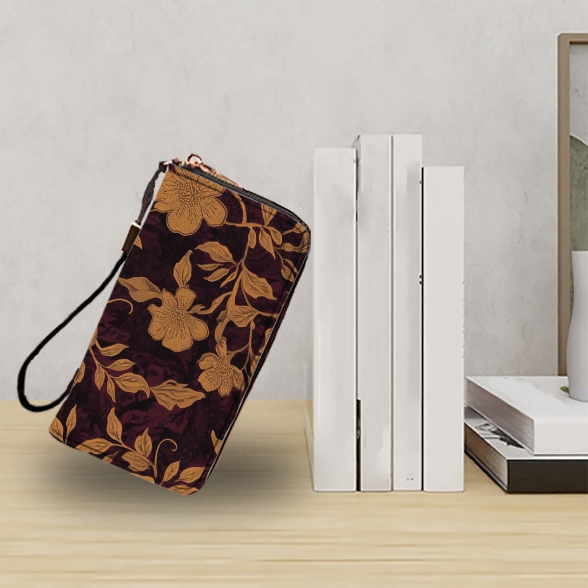 Clutch-Geldbörse für Damen aus PU mit Blumendesign, 4,1"x7,9" Größe, handliche doppelseitige UV-Druck auf Tisch