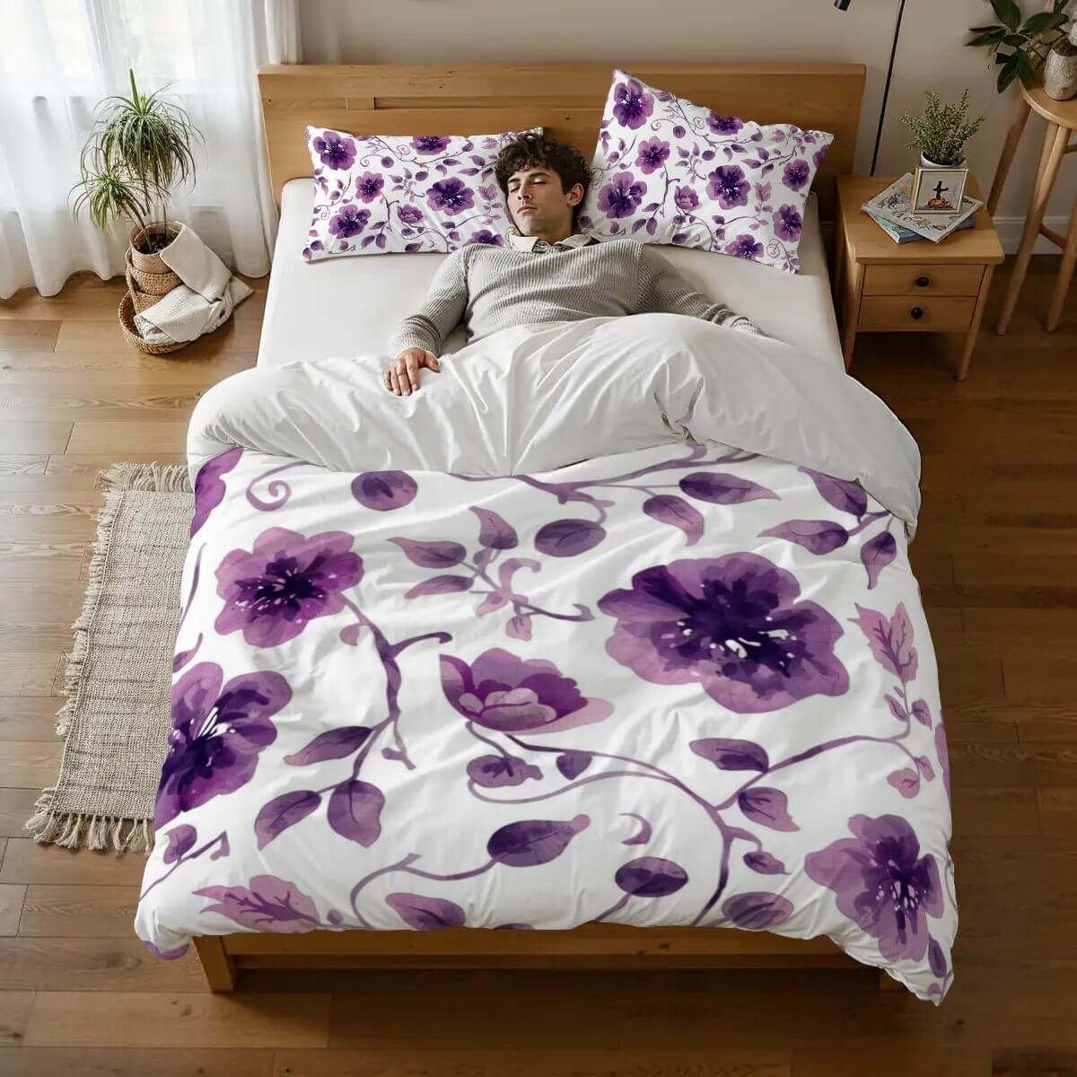 Video Komplettes Bettwäscheset in lila Blumenmuster auf Bett mit Schlafendem, 90GSM Polyester, Bettbezug 80x90, Kissenbezüge 30x20-2 Stück.