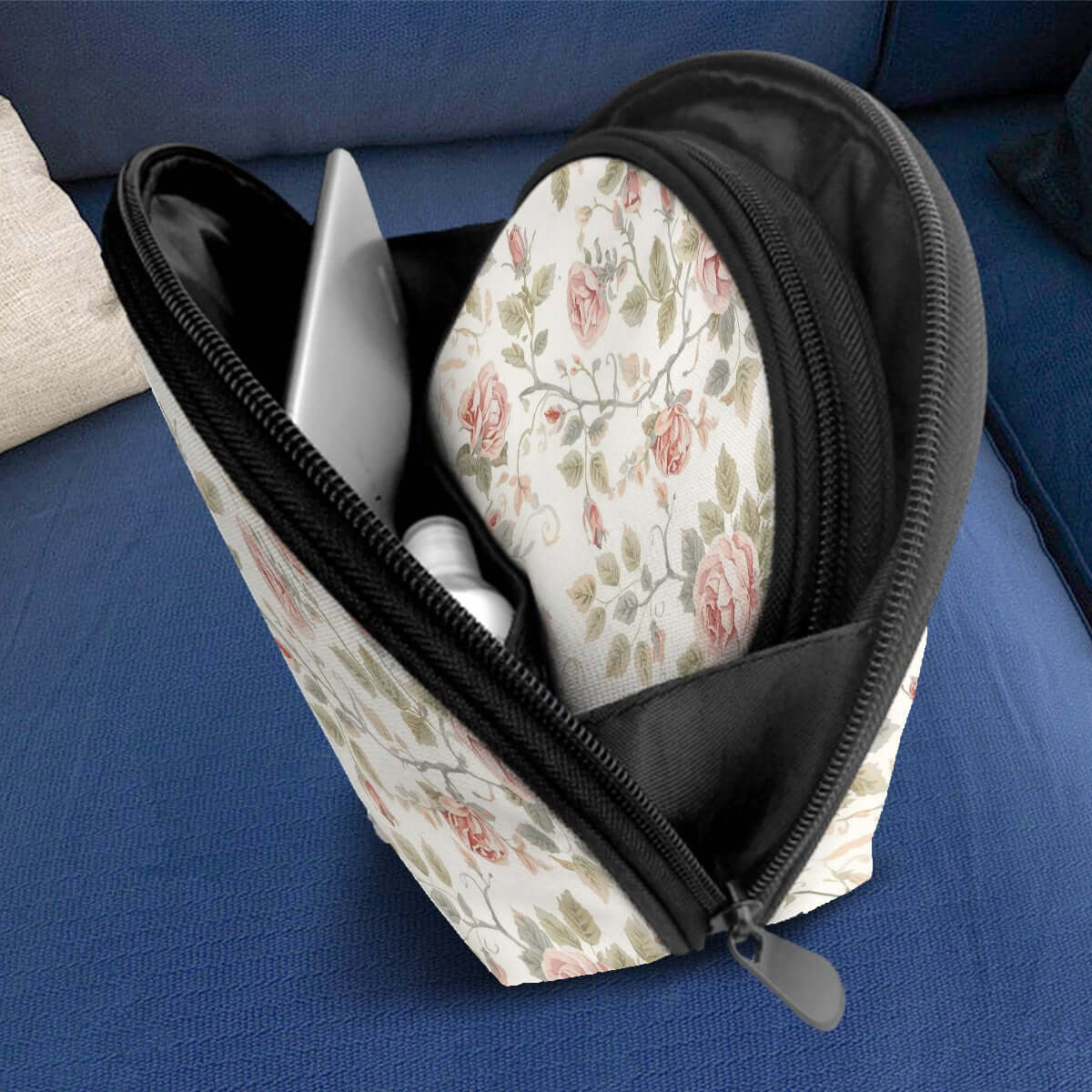 Aufbewahrungsbeutel-Set (2 Stück) mit floraler Musterung, offene Reißverschlusstasche zeigt Innenraum auf blauem Hintergrund, Polyester, große Kapazität