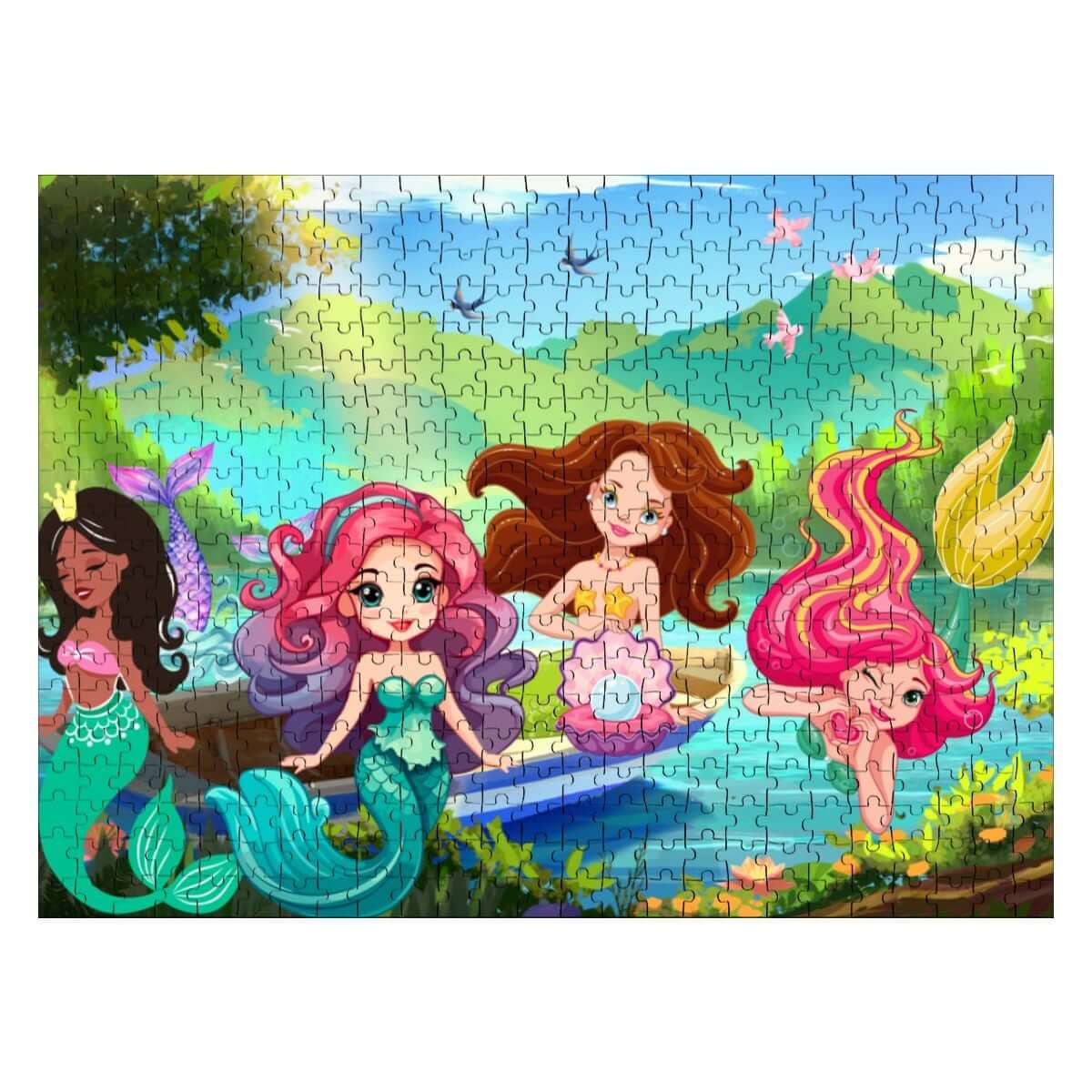 Holzpuzzle, 500 Teile (horizontal) mit vier niedlichen Meerjungfrauen im bunten Design.