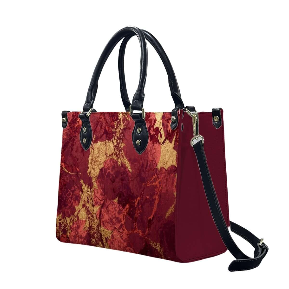 PU Tote Bag for Women with black handles and red marbled design, small size. Details für PU-Tragetasche für Damen ansehen.