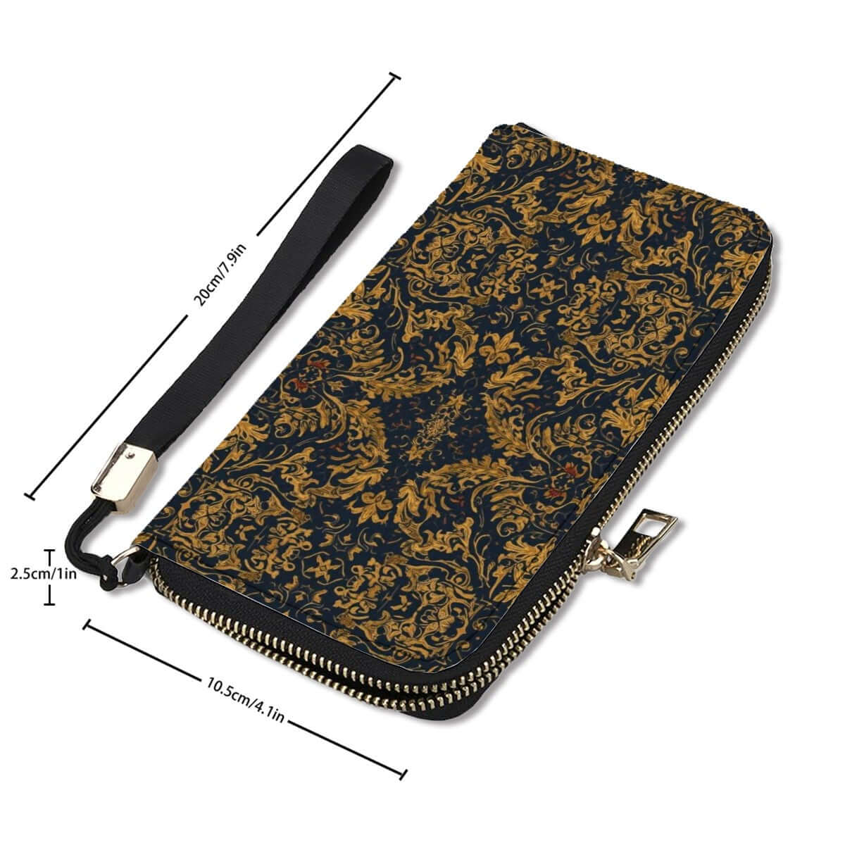 Clutch-Geldbörse für Damen aus hochwertigem PU mit doppelseitigem UV-Druck, gold-schwarzes Design, 4,1"x7,9", mit Reißverschluss und Trageschlaufe.