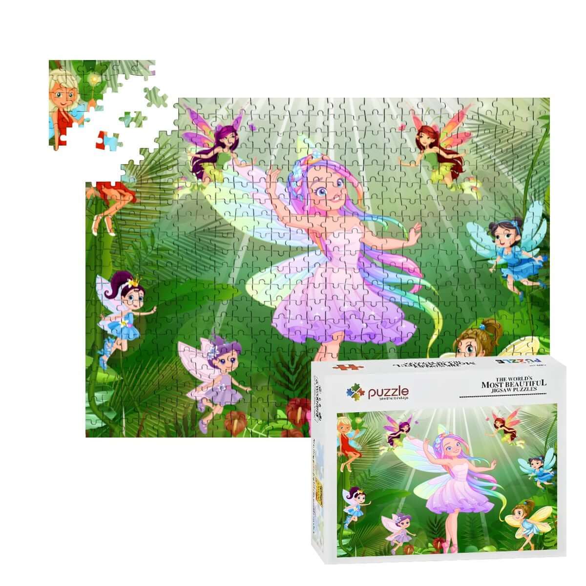 500-teiliges Holzpuzzle (horizontal) zeigt ein Feen-Motiv mit einem farbenfrohen, botanischen Hintergrund. Aus Lindenholz, 52 x 38 cm.