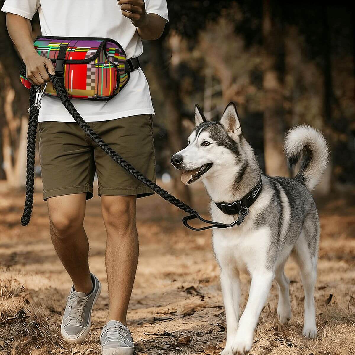 Hüfttasche für das Outdoor-Training von Haustieren, mit Hund und Besitzer in der Natur.