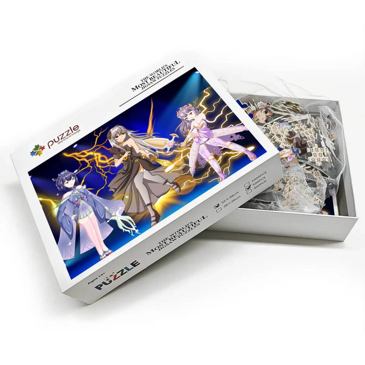 500-teiliges Holzpuzzle (horizontal) in einer Box mit buntem Design und Puzzle-Teilen.