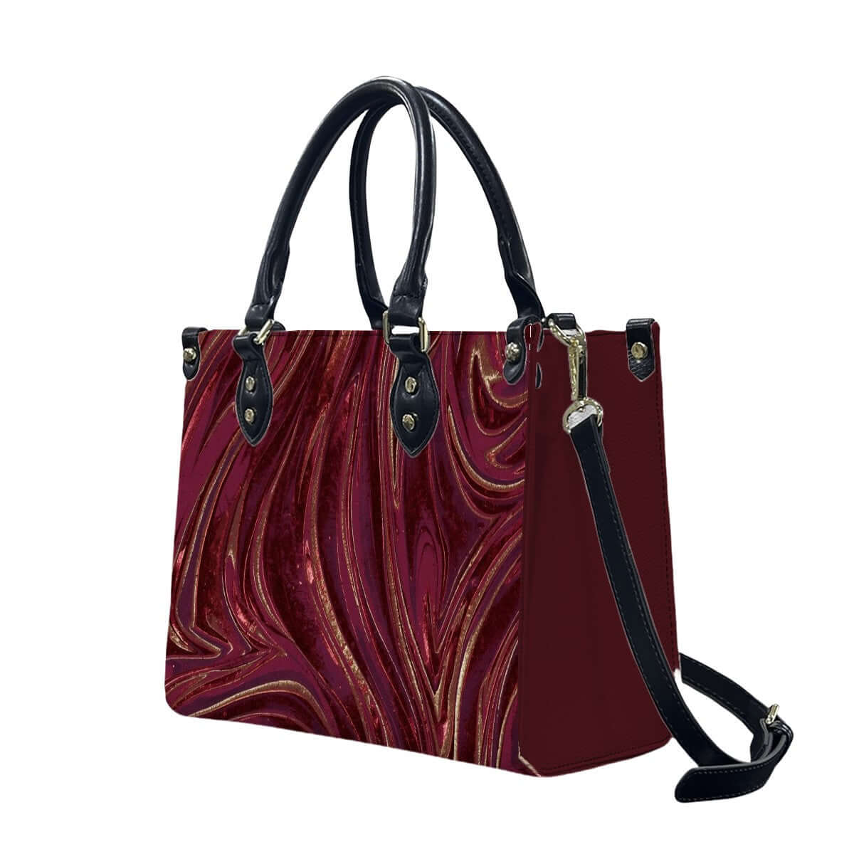 PU Tote Bag for Women with black handles, UV printed maroon and gold pattern, high-quality soft PU material, custom design, stylish handbag.