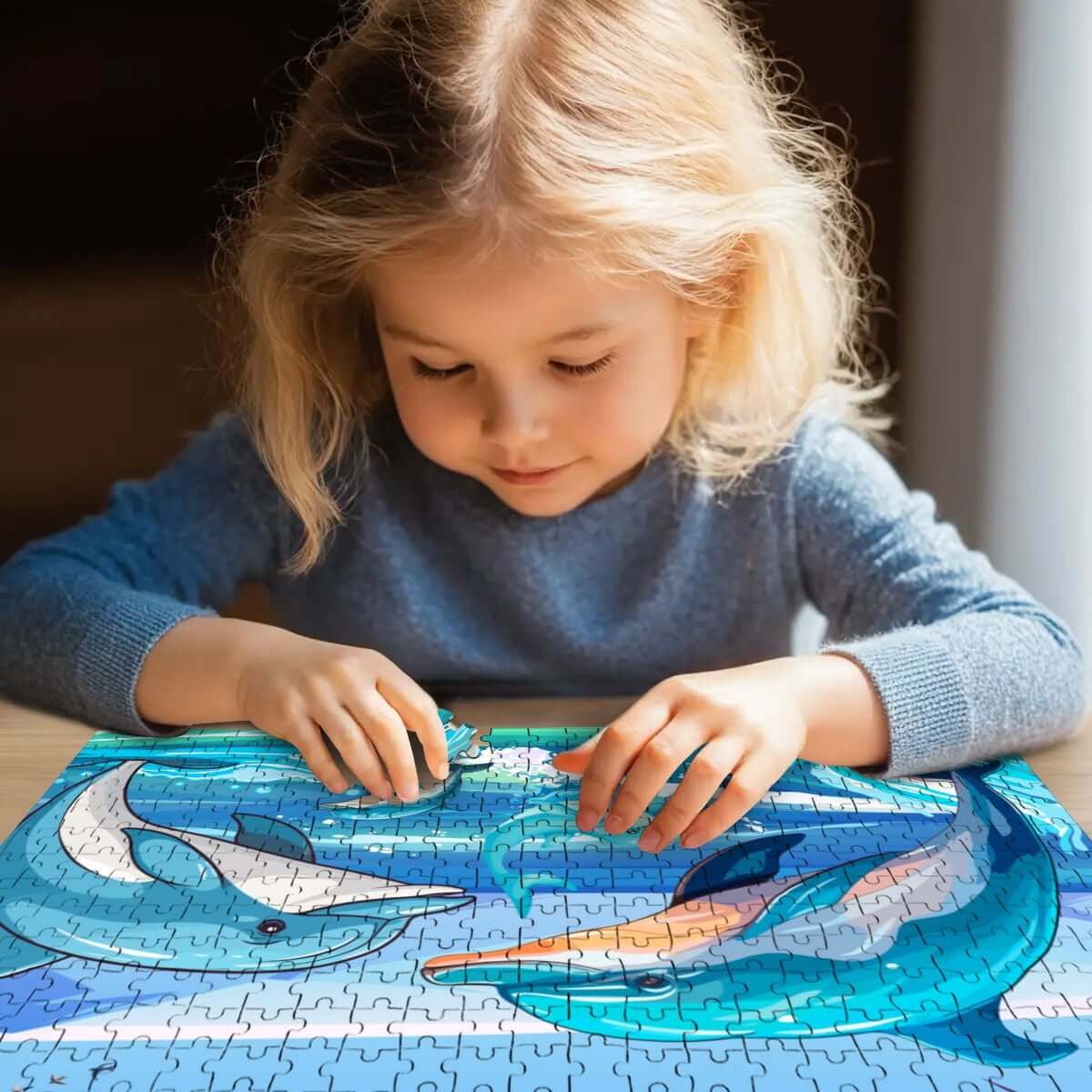 Ein Kind beim Spielen mit einem 500-teiliges Holzpuzzle (horizontal) mit Delfinmotiv.