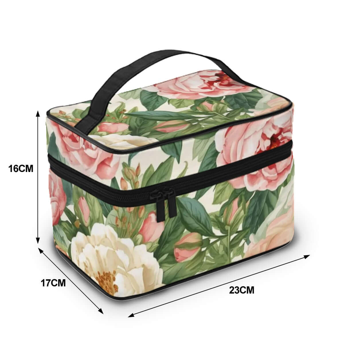 Tragbare Reise-Kosmetiktasche mit Blumendesign, Polyester, 23cm x 17cm x 16cm. Eleganter Reißverschluss, große Kapazität.