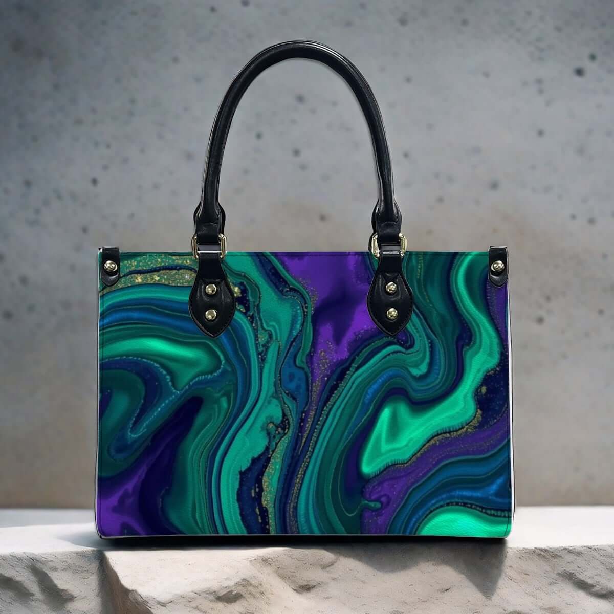PU-Tragetasche für Damen mit grün-lila Mustern, schwarze Griffe und Reißverschluss, Ansicht des Details für PU-Tragetasche für Damen