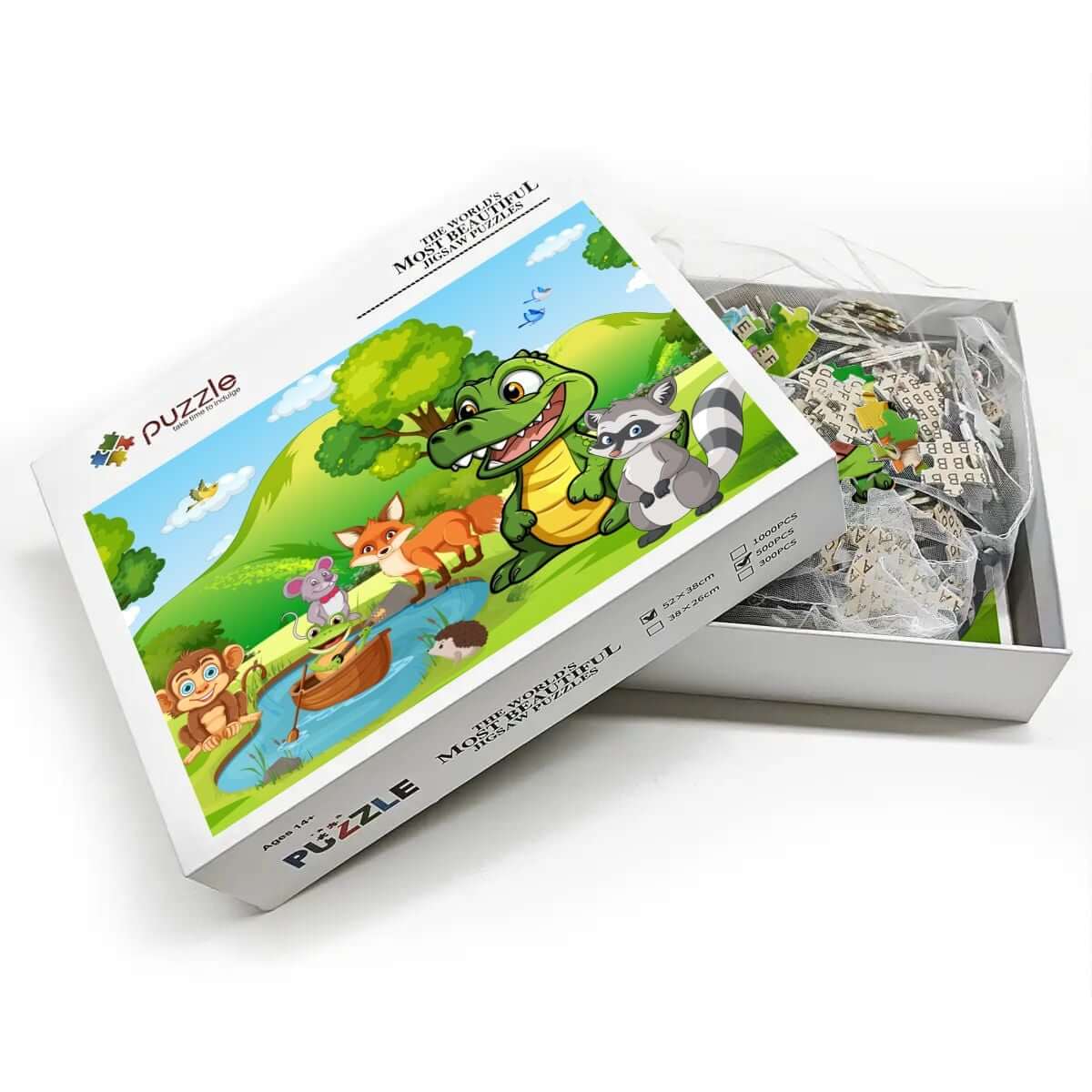 500-teiliges Holzpuzzle (horizontal) mit buntem Tiermotiv auf der Verpackung, hochwertige Holzqualität.