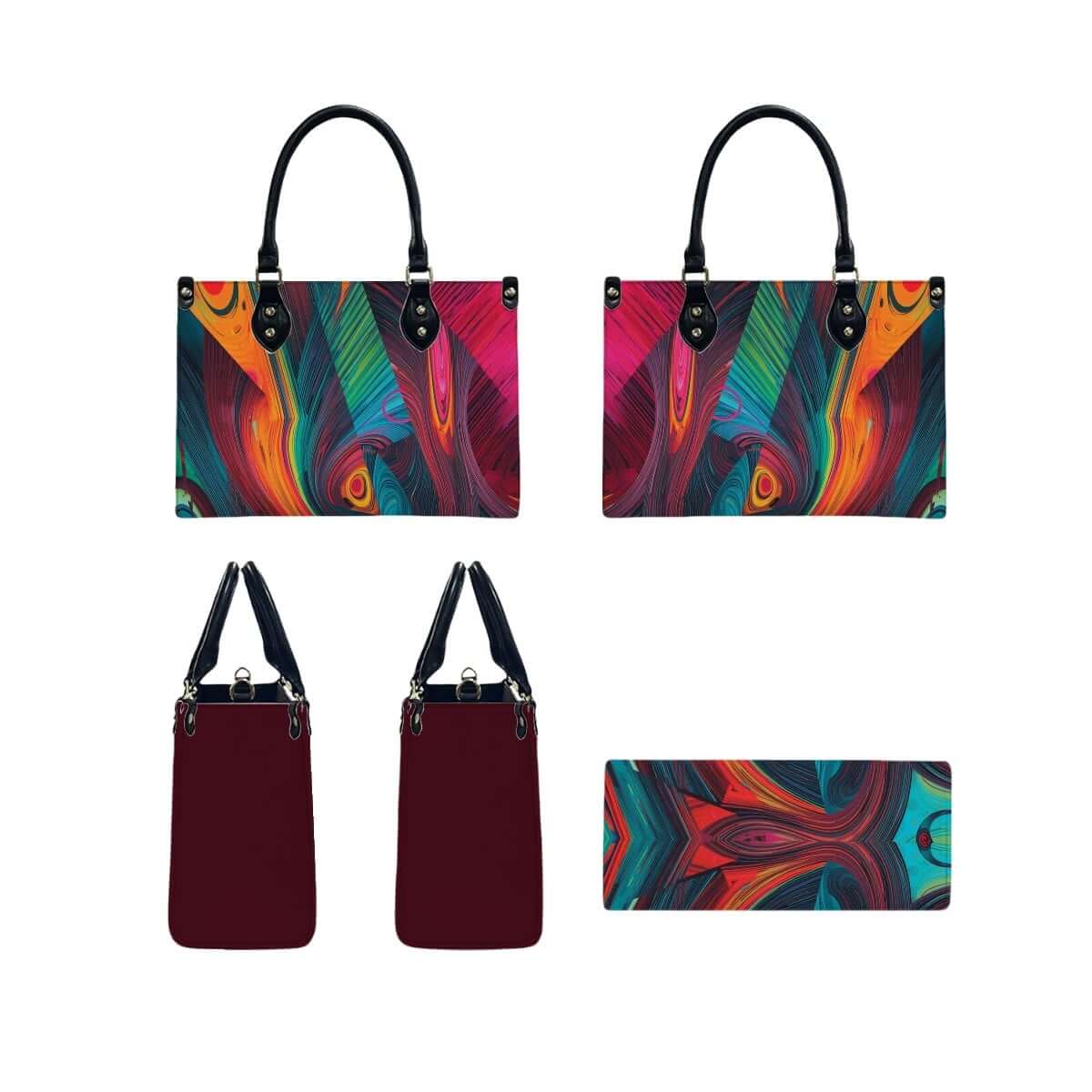 PU Tote Bag for Women with colorful patterns, various views, featuring black handles, UV printed design. Details für PU-Tragetasche für Damen ansehen.