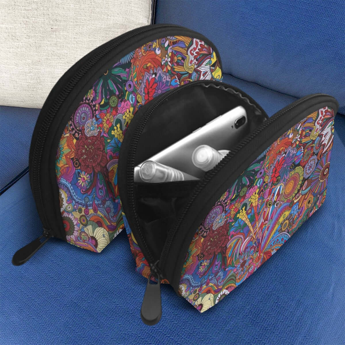 Colorful polyester Storage Bags Set of 2 with a zipper, large and small sizes, displaying vibrant patterns, ideal for organizing items.