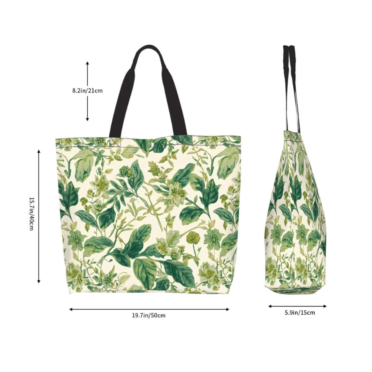 Grüne Große Schultertasche für Damen aus Polyester, sublimiertes Pflanzenmuster, zeigt Maße von 50x40x15cm in Bildansicht.