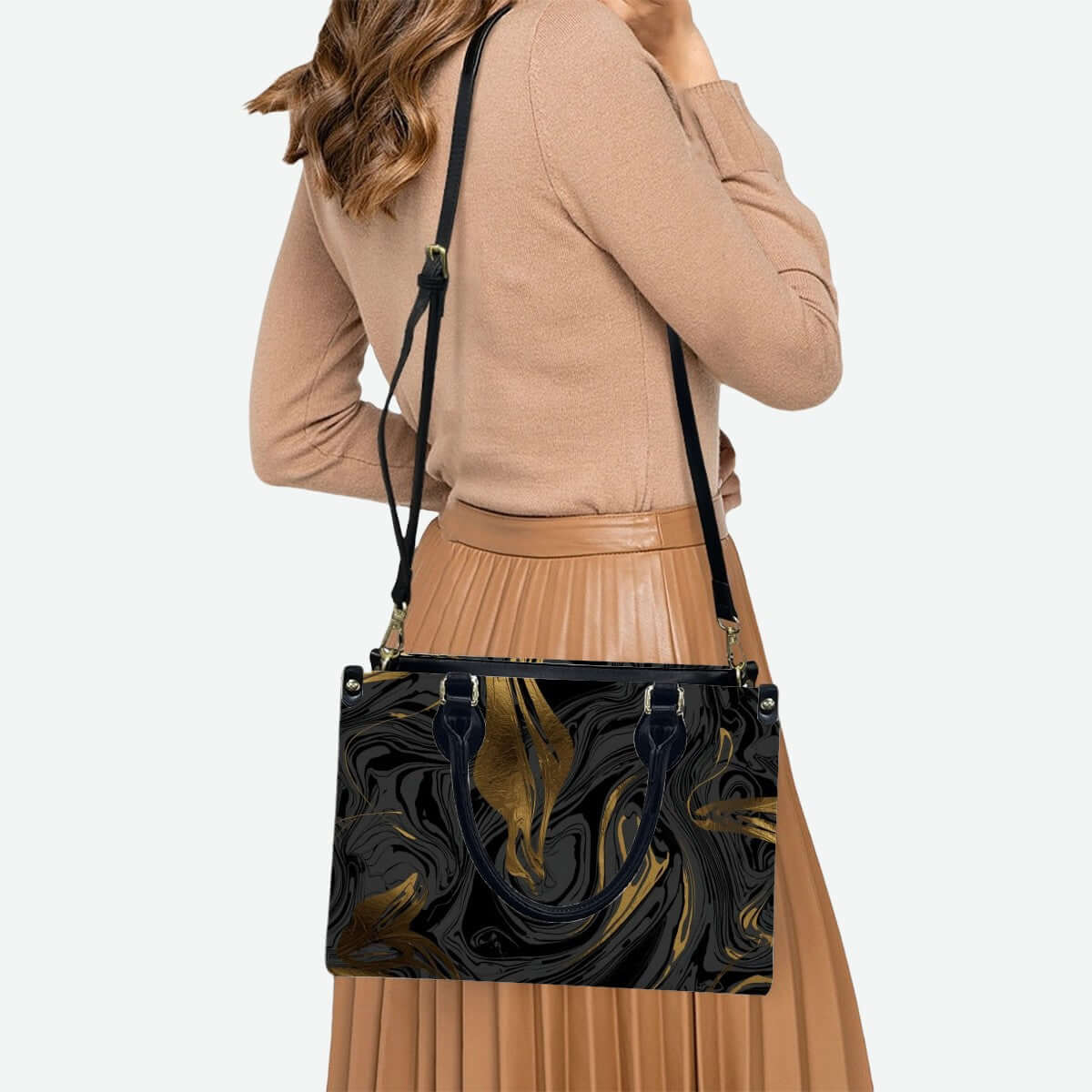 PU-Tragetasche für Damen mit schwarz bedrucktem Design, mittlere Größe, geeignet als Teil eines Aufbewahrungsbeutel-Sets (2 Stück)