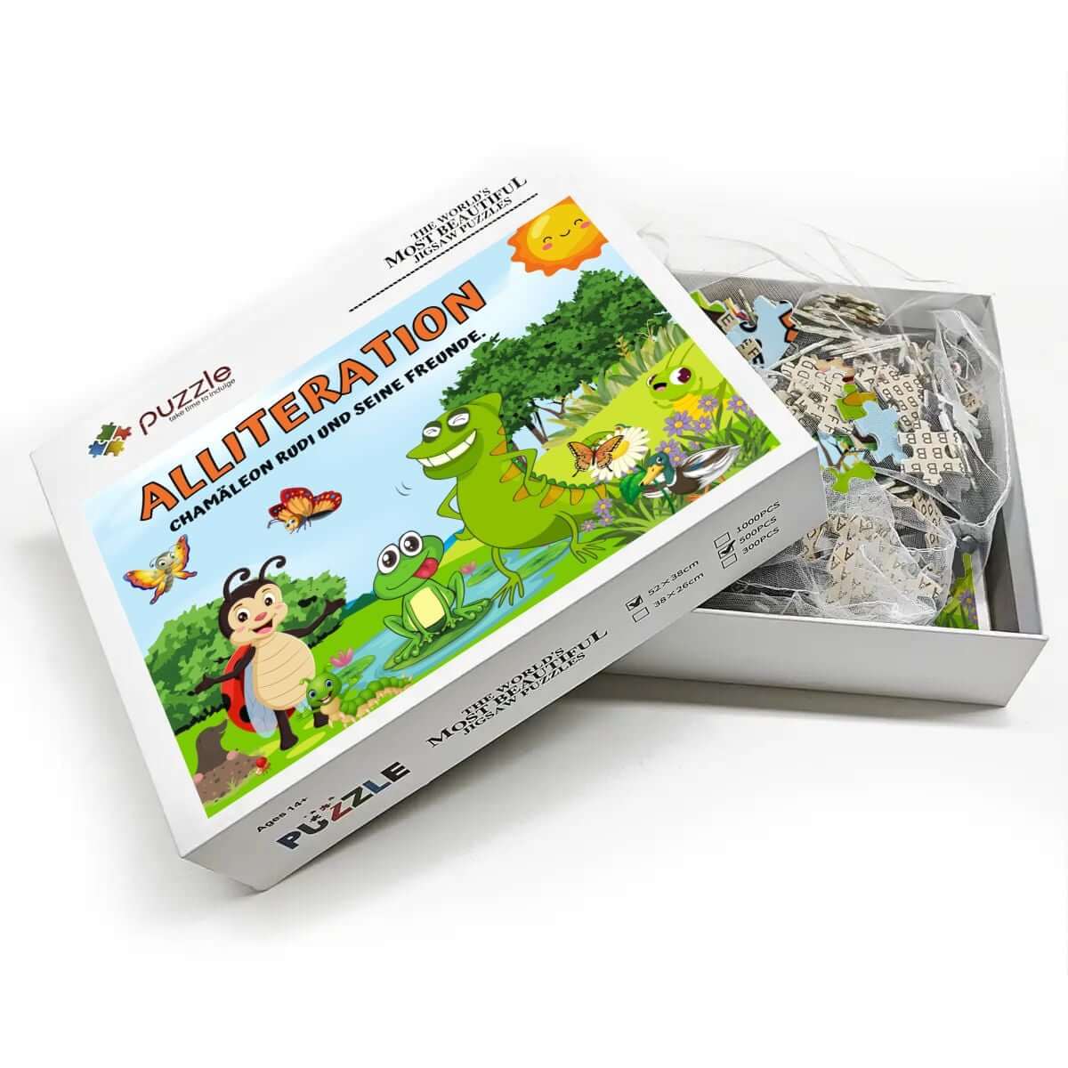 500-teiliges Holzpuzzle (horizontal) mit Chamäleon- und Tierdesign auf der Verpackung, hochwertiges Lindenholz, UV-Druck.