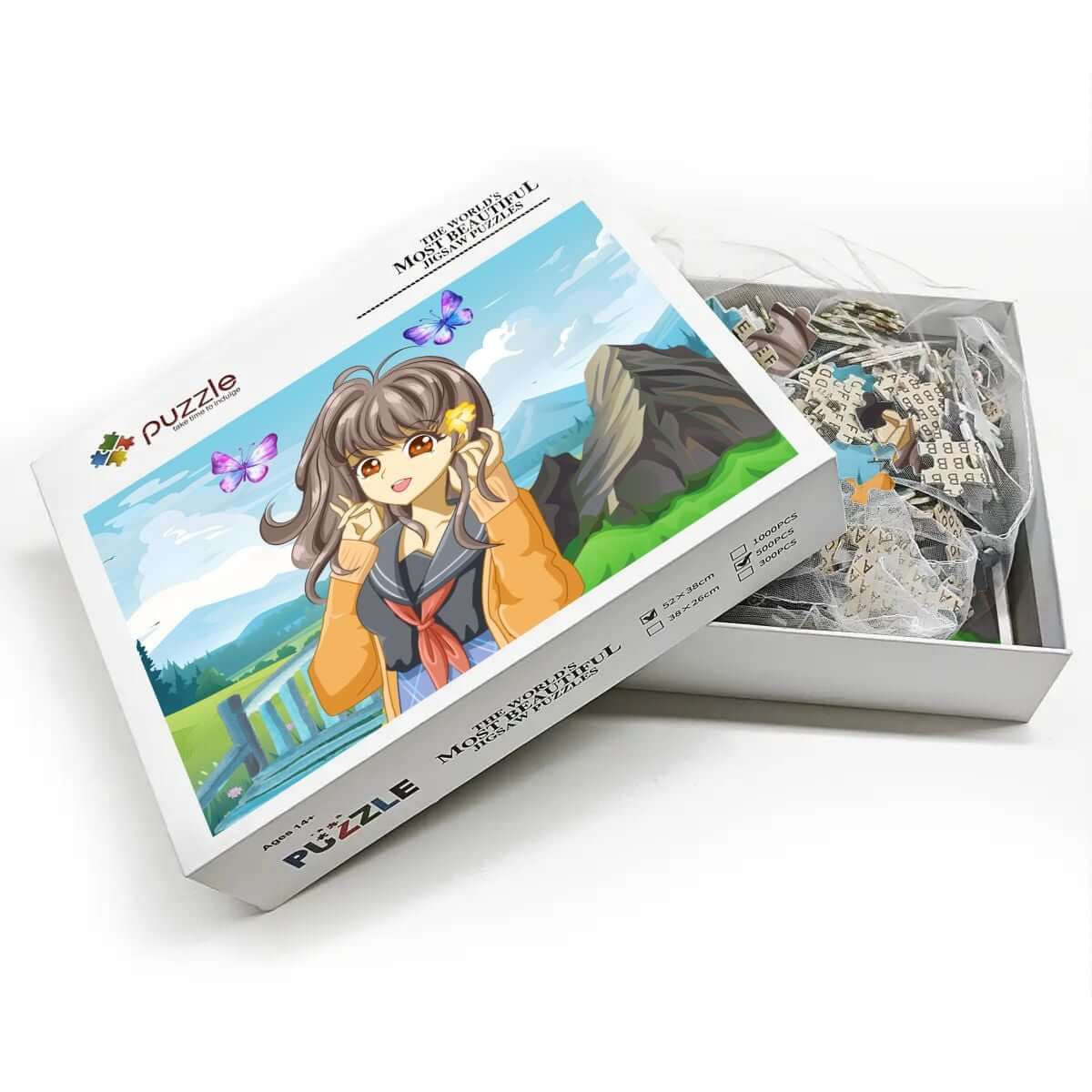 500-teiliges Holzpuzzle (horizontal) Box mit farbigem Motiv und Puzzle-Stücke in geöffneter Schachtel, aus hochwertigem Lindenholz.