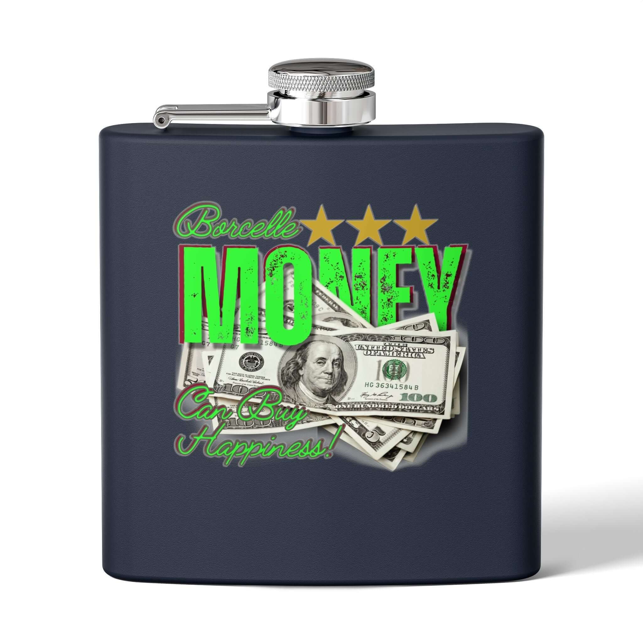 Edelstahl-Flachmann – Design für Liebhaber mit Geldmotiv und inspirierendem Slogan. Elegantes Accessoire für Genießer und Trendsetter.