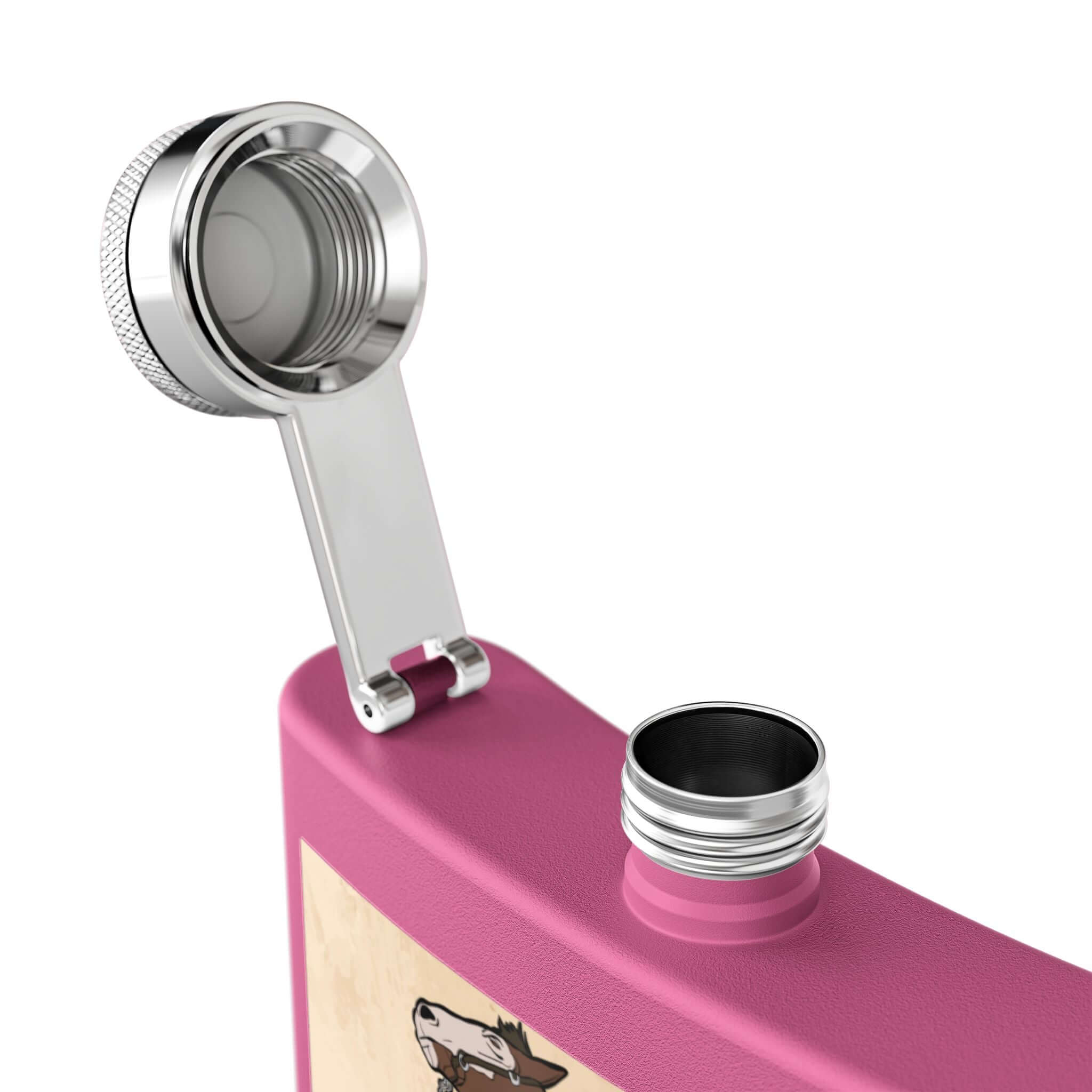 Edelstahl-Flachmann mit Cowboy-Motiv, stilvoller 6-Unzen-Flachmann aus Edelstahl mit Pulverbeschichtung, Detailansicht des offenen Deckels