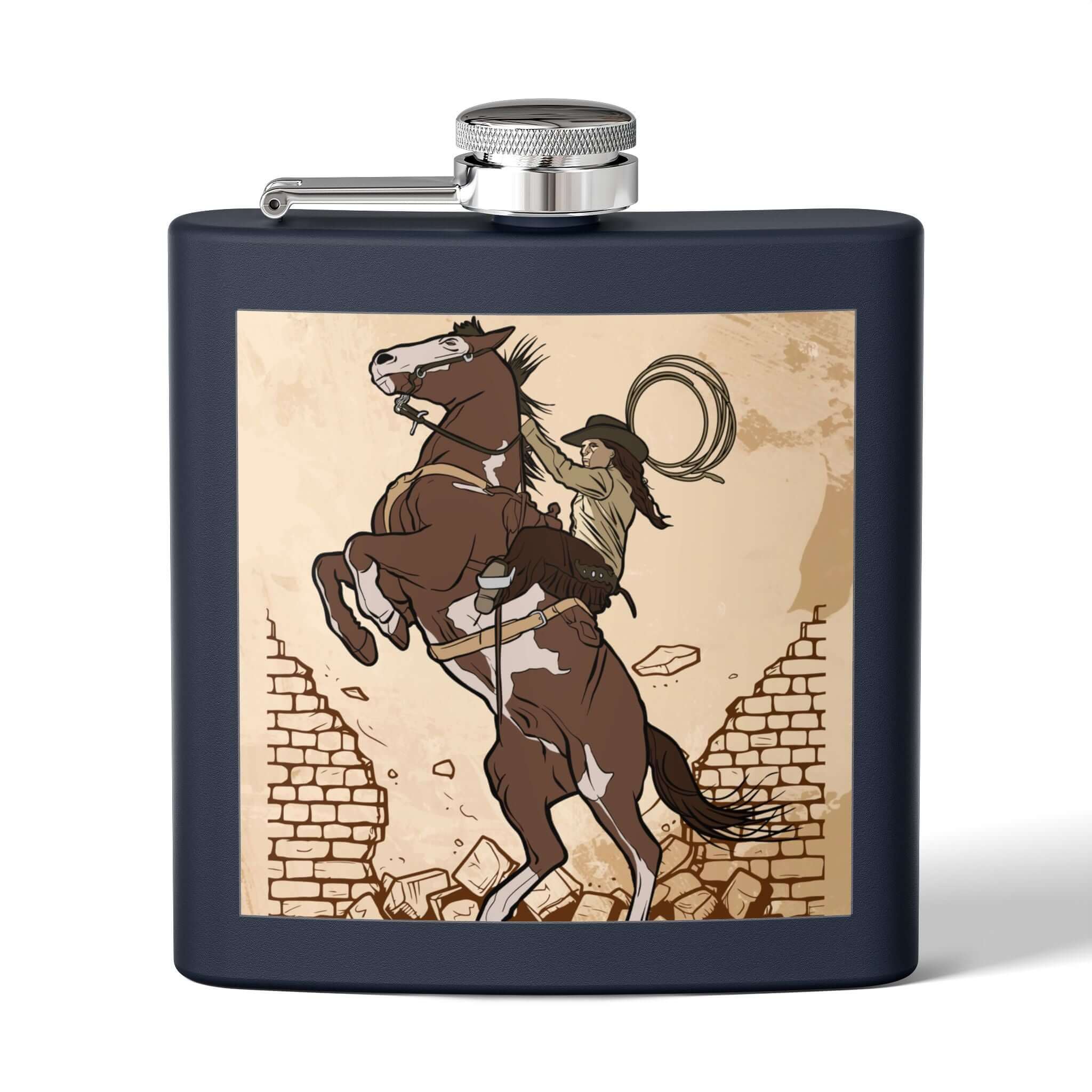 Edelstahl-Flachmann mit Cowboy-Motiv, stilvolles Design mit Reiter-Illustration, ideal für Abenteuer und stilvolle Anlässe.