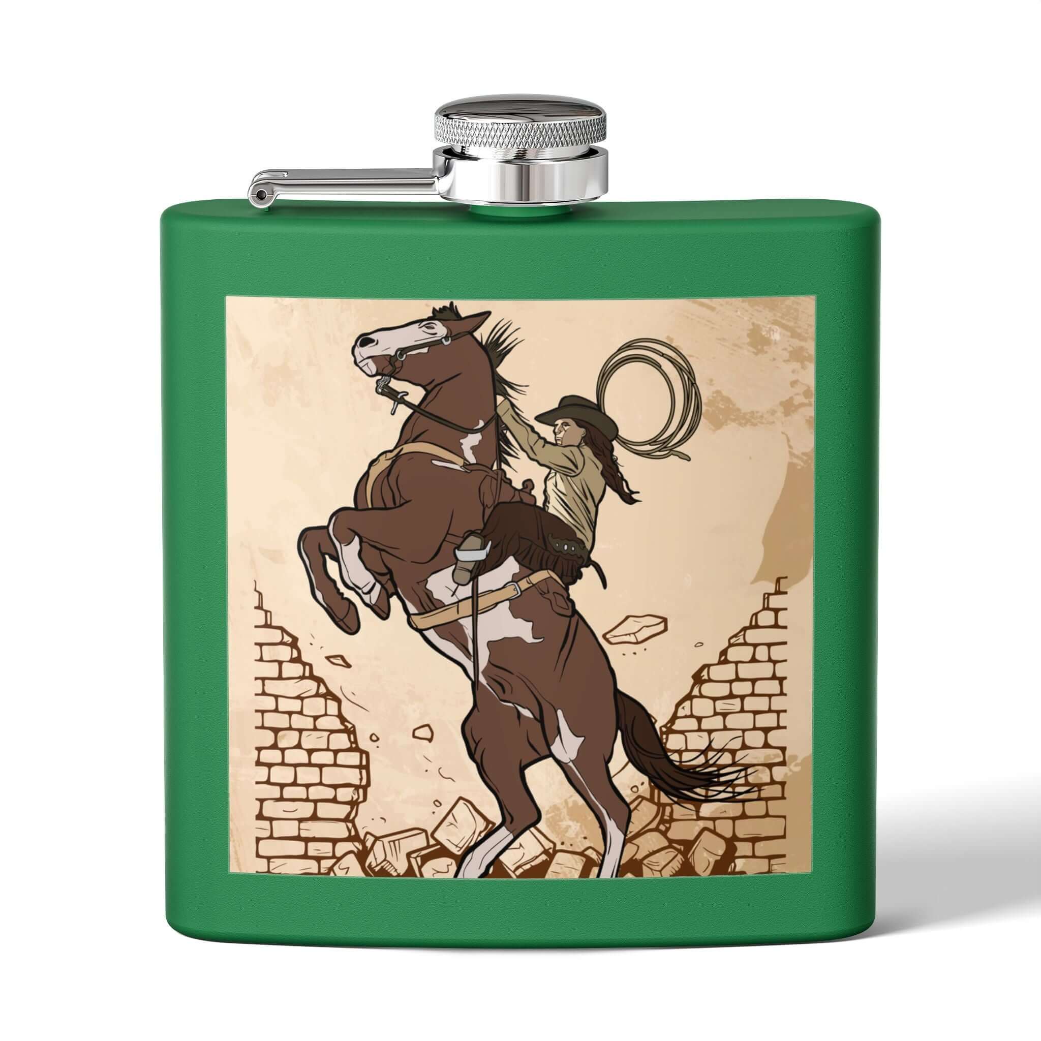 Edelstahl-Flachmann mit Cowboy-Motiv vorgrüner Hintergrund, ideal für elegante und abenteuerliche Zusammenkünfte. Details für Edelstahl-Flachmann ansehen.