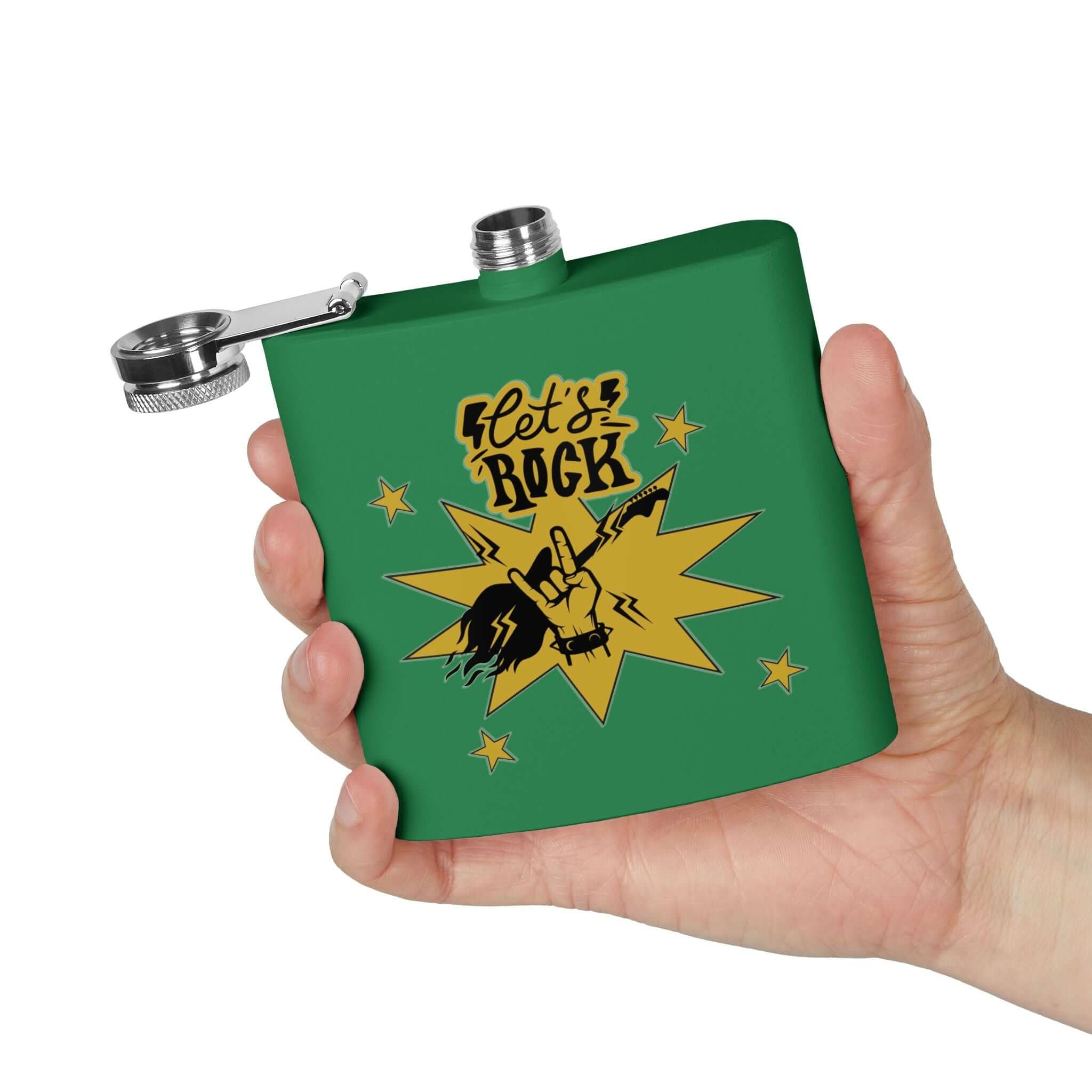 Edelstahl-Flachmann „Rock On“ für Fans mit lebendigem Design und Cowboy-Motiv, ideal für Abenteuer und Zusammenkünfte im Freien.