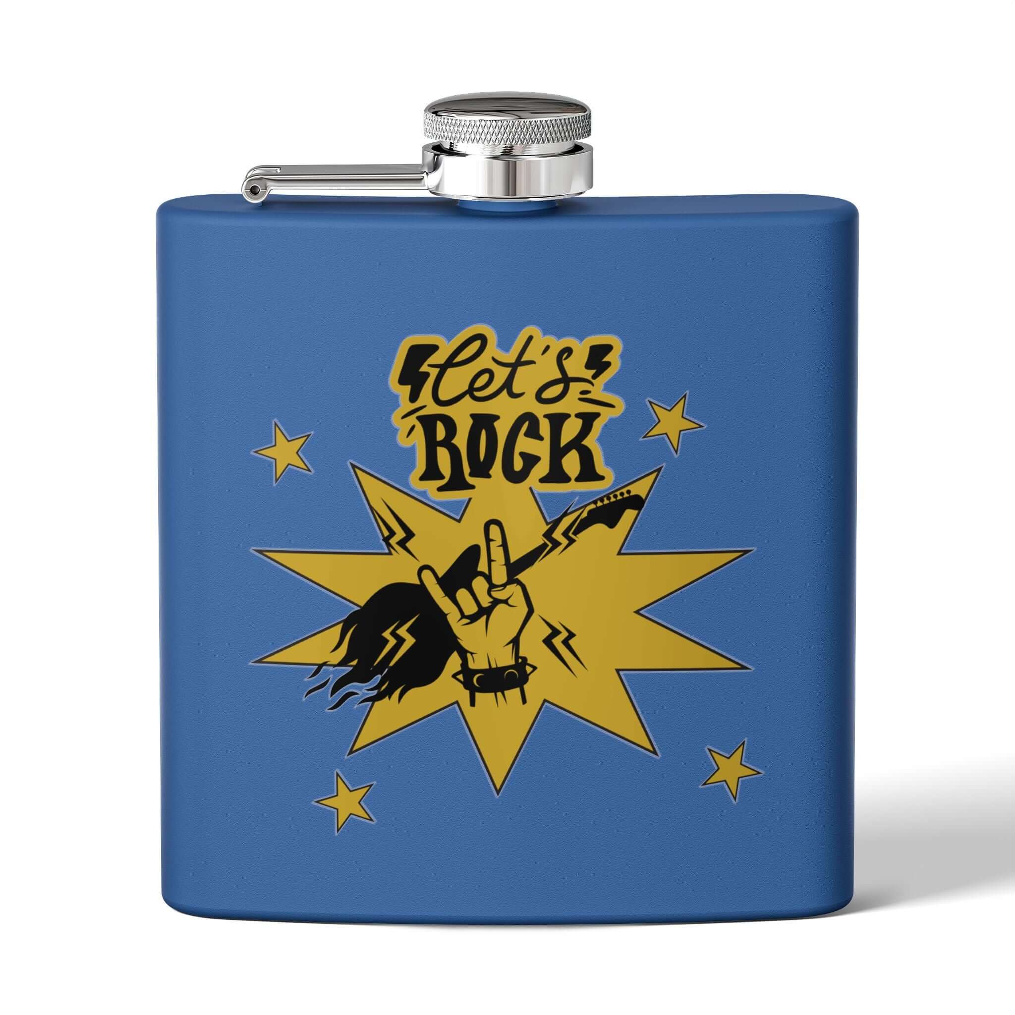 Edelstahl-Flachmann „Rock On“ für Fans mit Cowboy-Motiv, ideal für Outdoor-Abenteuer und Konzerte, 6 Unzen, stilvolles Design.