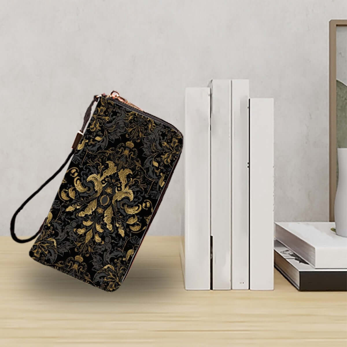 Elegant PU Clutch Wallet for Women in black with ornate golden design, featuring large capacity and multiple card slots for practicality.