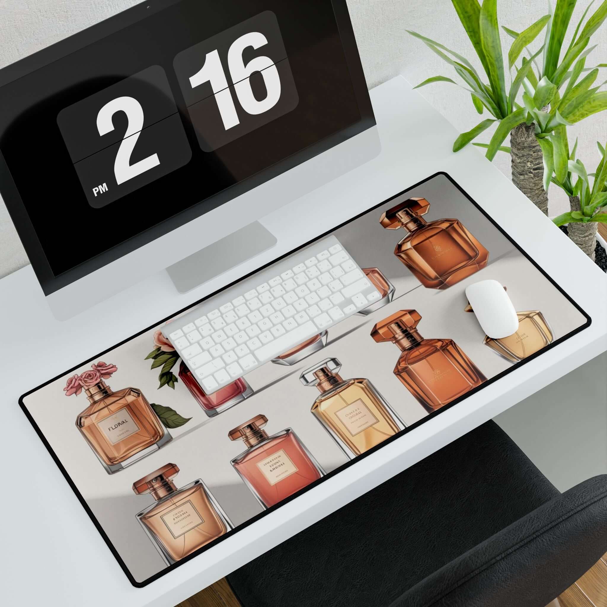 Elegante Parfüm-Schreibtischmatte, stilvolle Schreibtischunterlage auf weißem Bürotisch mit Computer und Pflanze, inspirierend und produktivitätssteigernd