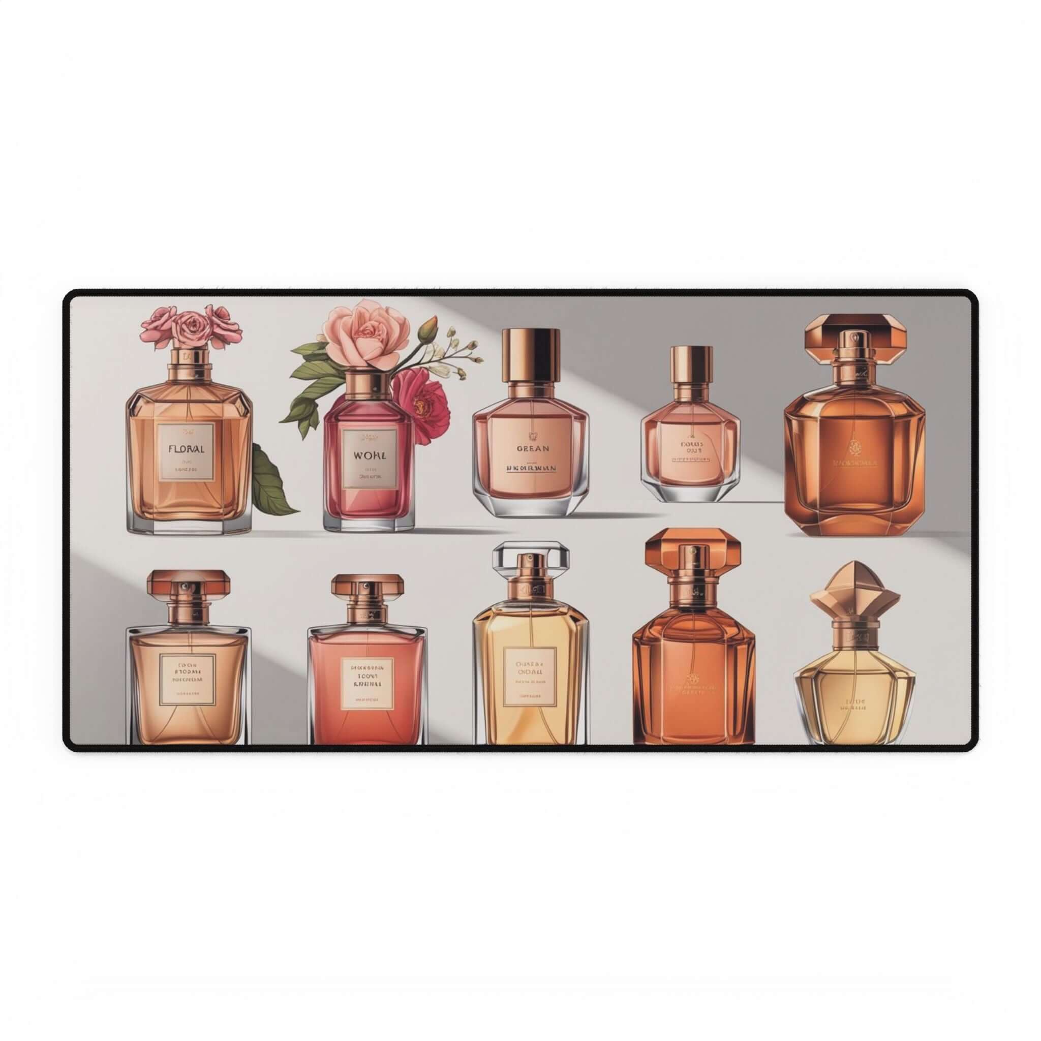 Elegante Parfüm-Schreibtischmatte, stilvolle Schreibtischunterlage mit Parfümflaschen-Design, ideal für kreative Arbeitsplätze.