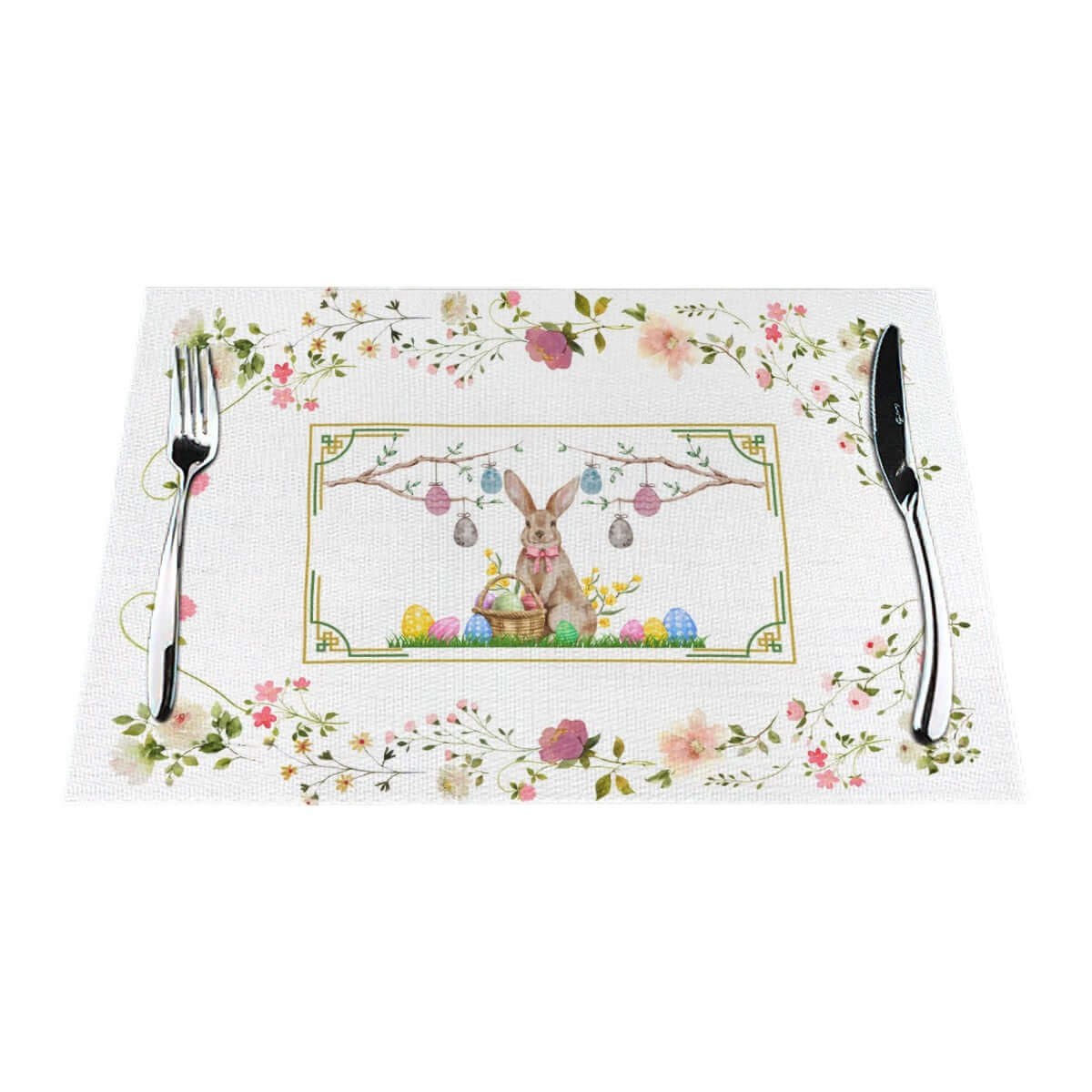 Tischset aus gewebtem PVC mit Blumenmuster und Osterhasen-Design, inklusiv Messer und Gabel, schützt vor Hitze und Kratzern, 18x12 Zoll.