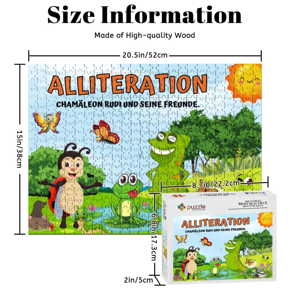 500-teiliges Holzpuzzle (horizontal) mit Chamäleon-Rudi-Motiv, aus hochwertigem Lindenholz, 52 x 38 cm, UV-Druck.