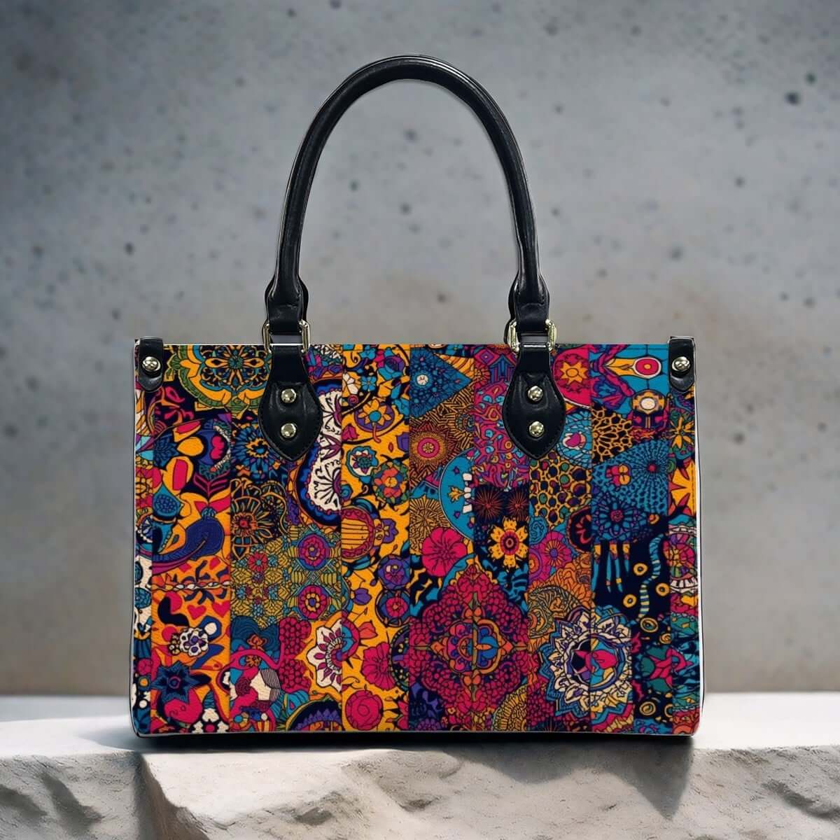 Colorful PU Tote Bag for Women with vibrant patterns and black handles, showcasing the stylish design and high-quality material.