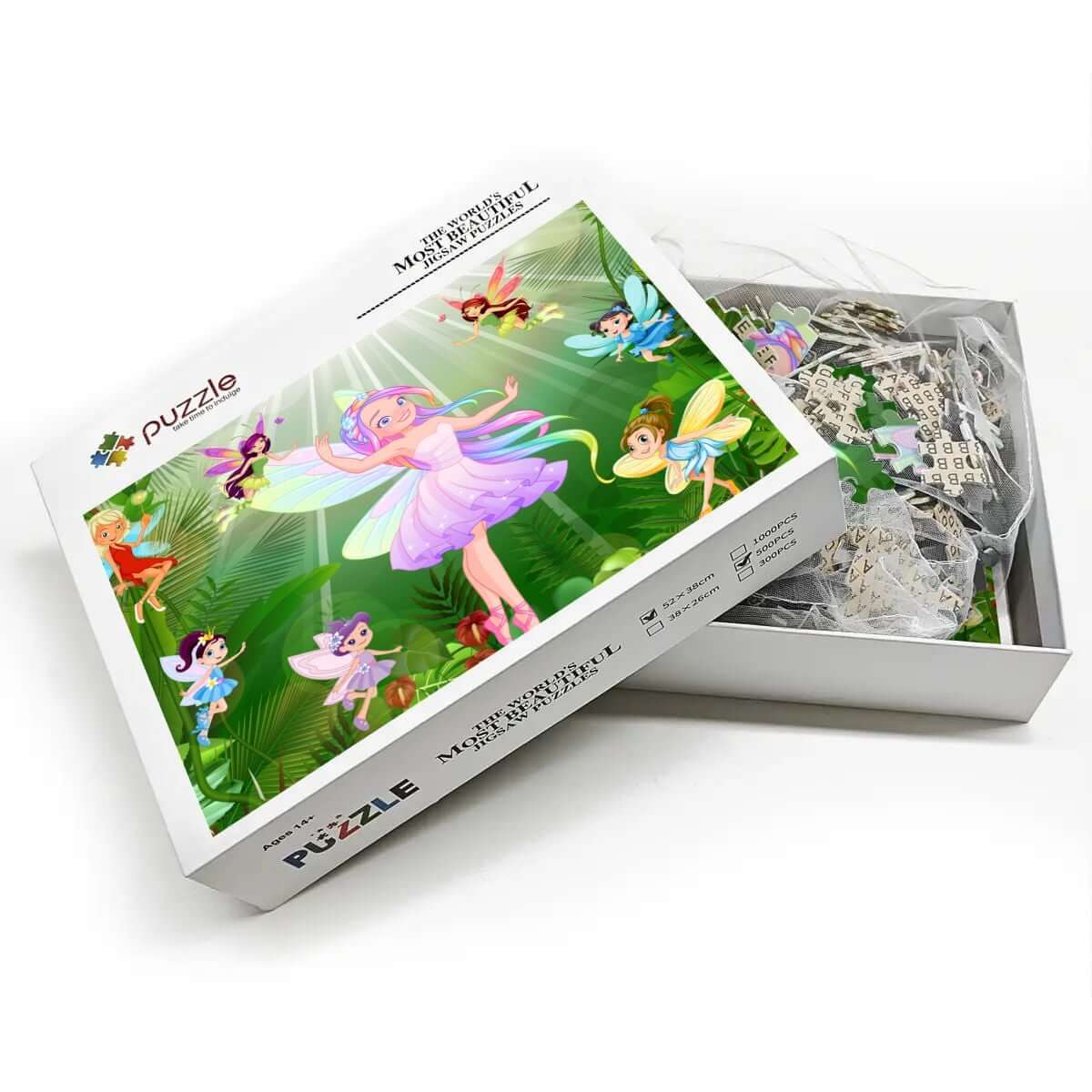 500-teiliges Holzpuzzle (horizontal) mit Elfenmotiv, in offener Box, hochwertiges Lindenholz, glatte Kanten, UV-Druck.