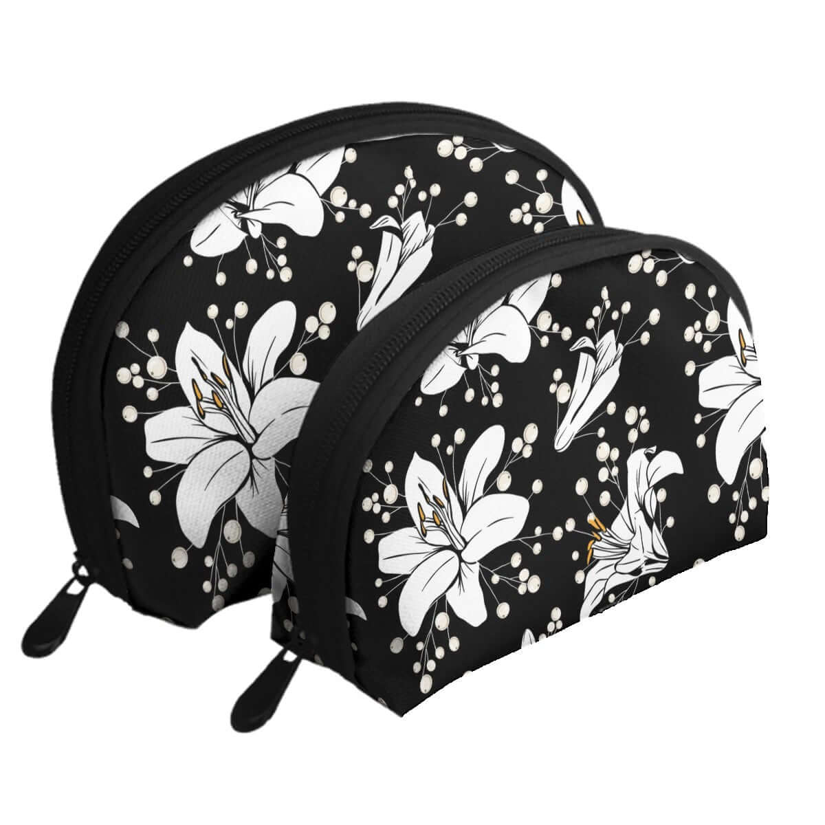Aufbewahrungsbeutel-Set mit floralem Design, großes und kleines Set, Polyester, Sublimationsdruck, Reißverschluss, Schwarz, Weiß, Blumenmuster