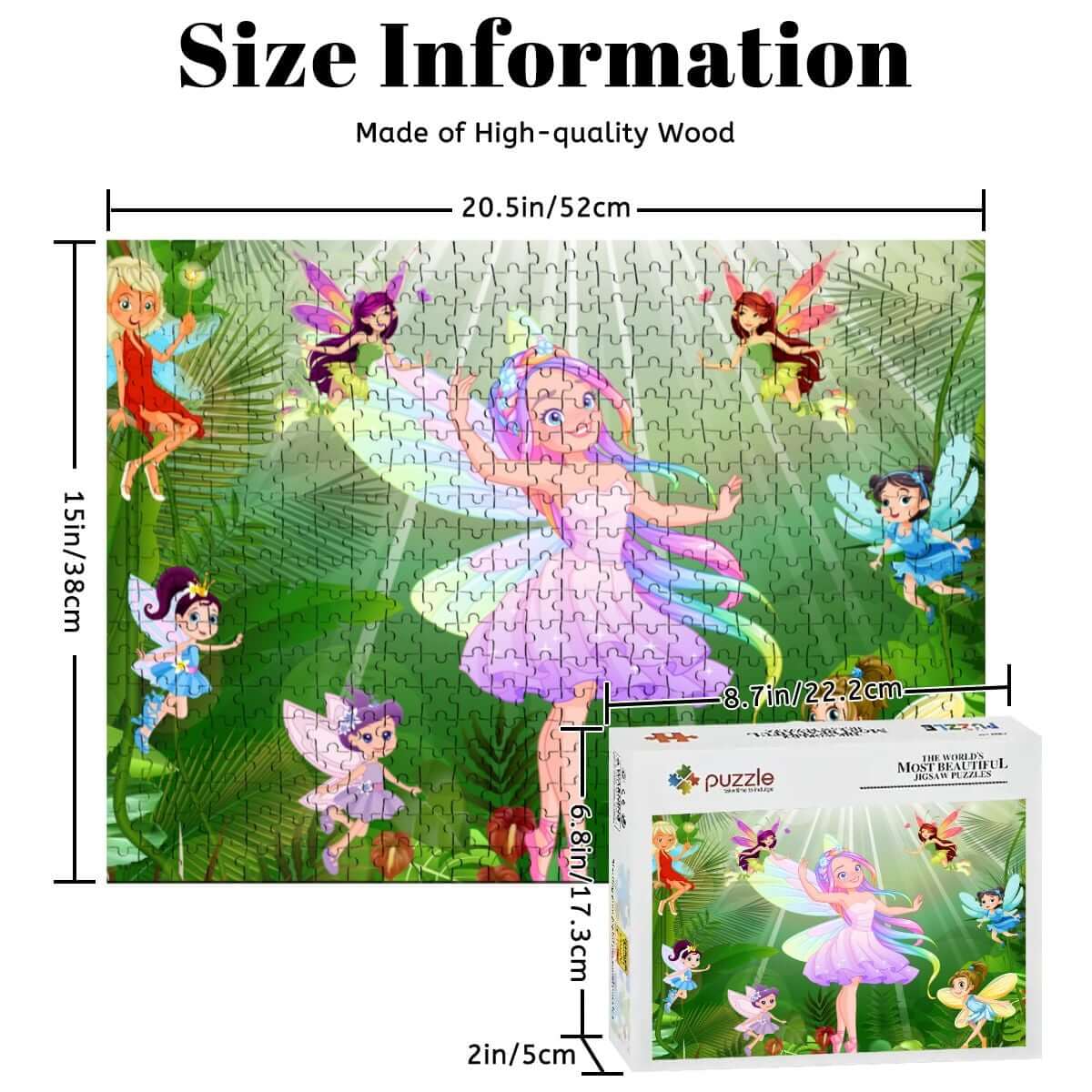 500-teiliges Holzpuzzle (horizontal) aus Lindenholz, 52 x 38 cm, mit Feenmotiv, hochwertig verarbeitet mit UV-Druck.