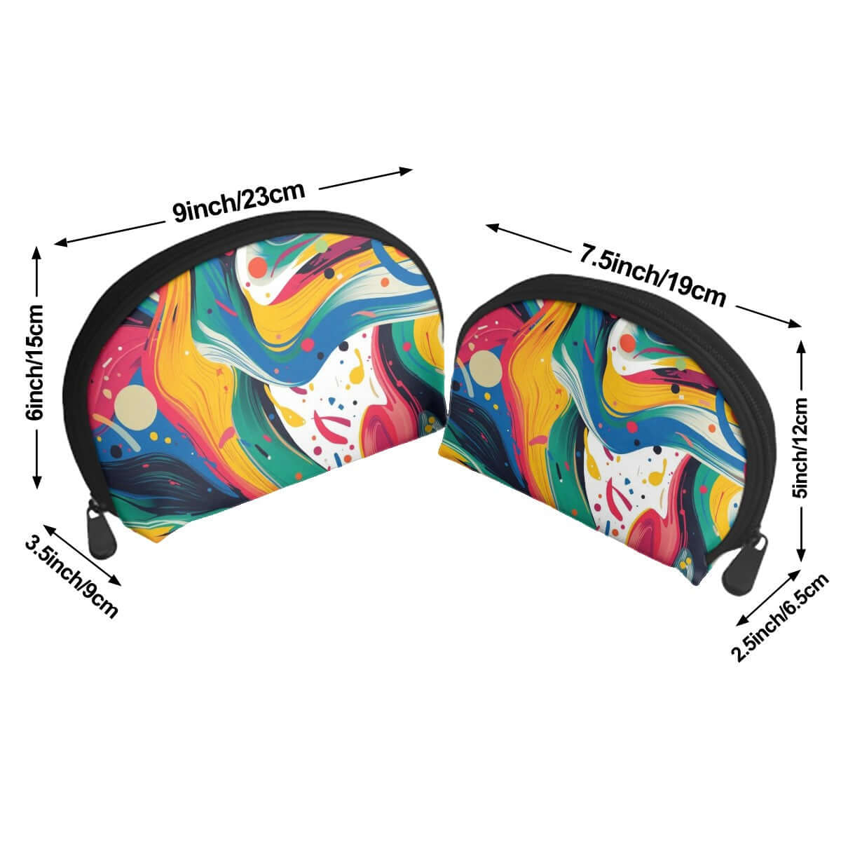 Colorful Storage Bags Set of 2 with dimensions 9x3.5x6 inches and 7.5x2.5x5 inches, sublimation printed, polyester material.