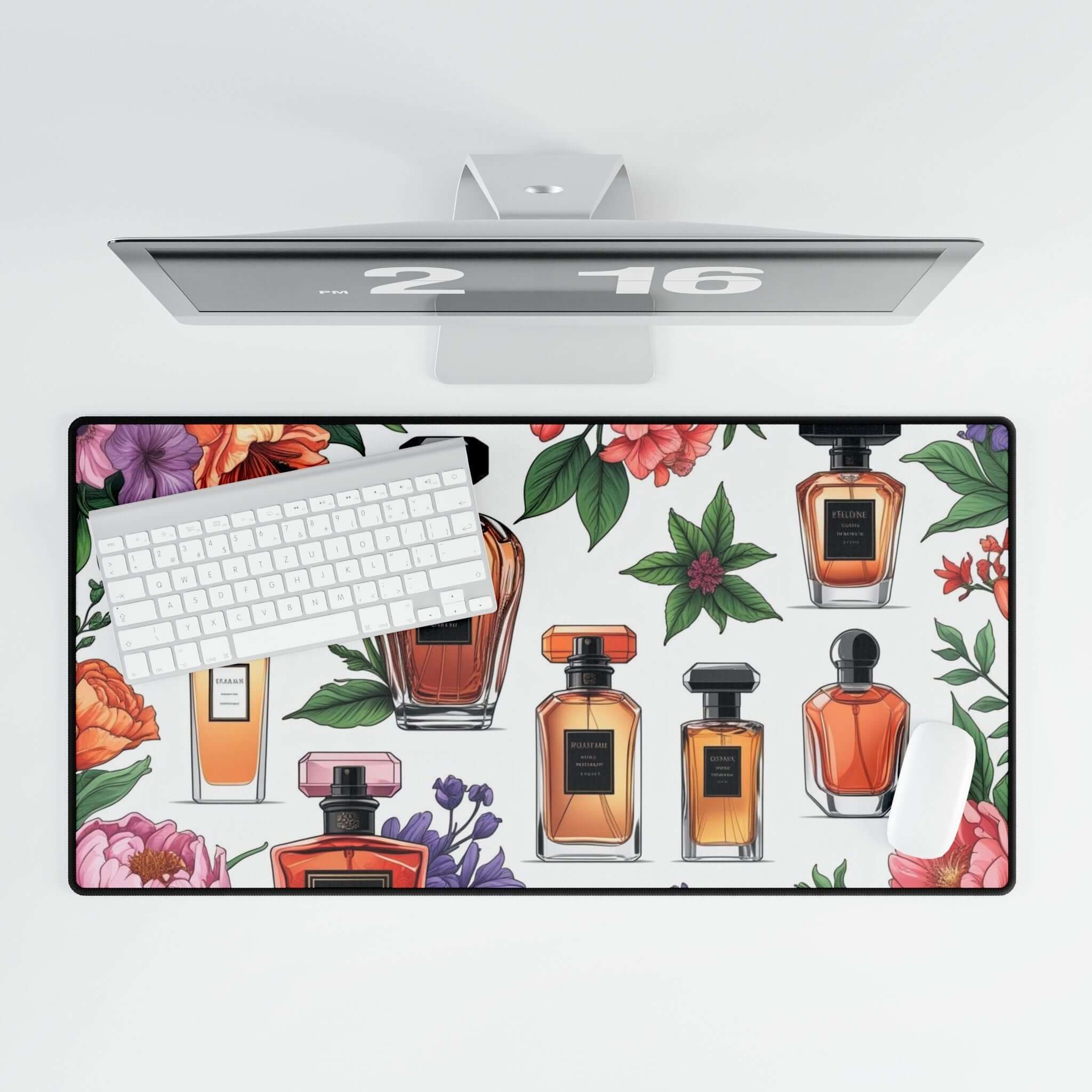 Florale Parfüm Schreibtischmatte Elegantes Bürodekor mit lebendigem Blumendesign und Parfümflaschen-Motiven, ideal für Schreibtischunterlagen.