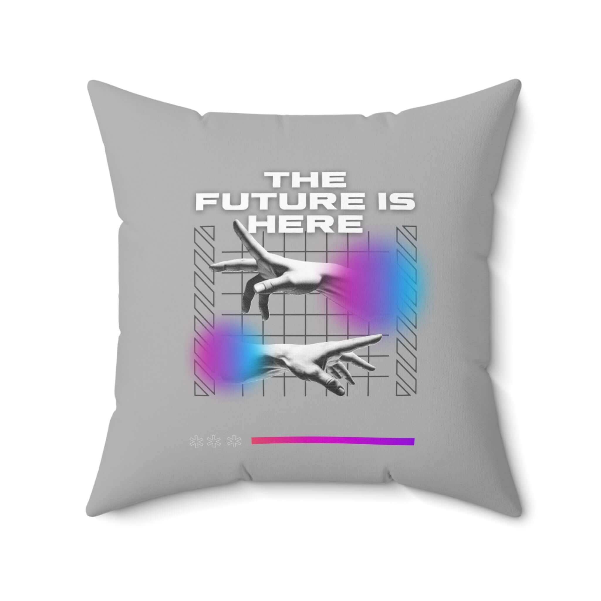 Futuristisches Kissen, Vintage Retro Dekor mit futuristischem Design und "The Future is Here" Schriftzug auf grauem Kissenbezug.