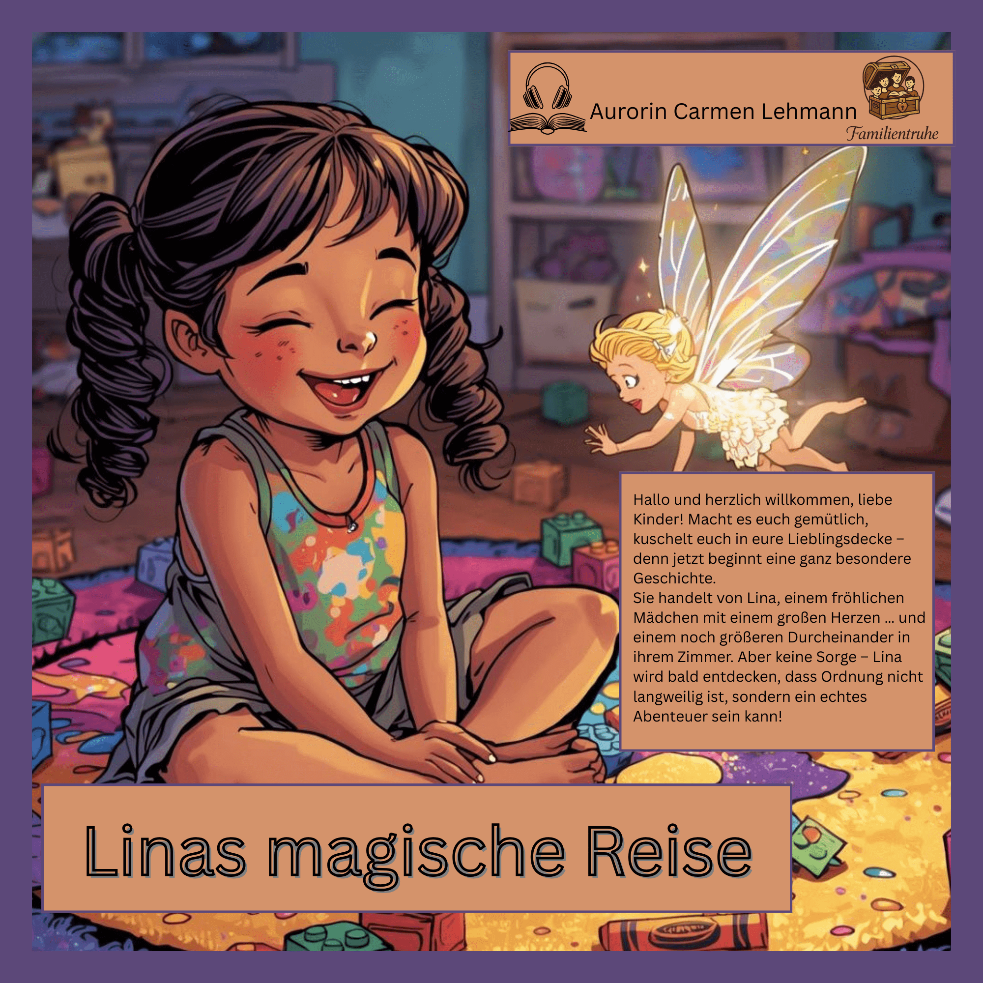 "Linas magische Reise – Ein Abenteuer für Kinder" Hörbuch Cover mit Lina und einem magischen Wesen