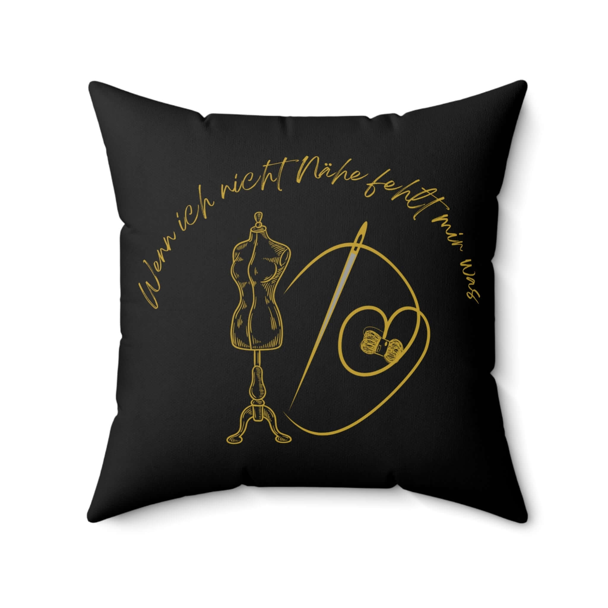 Quadratisches Kissen aus gesponnenem Polyester Motiv Nähen mit Nähmotiv und goldener Aufschrift auf schwarzem Hintergrund