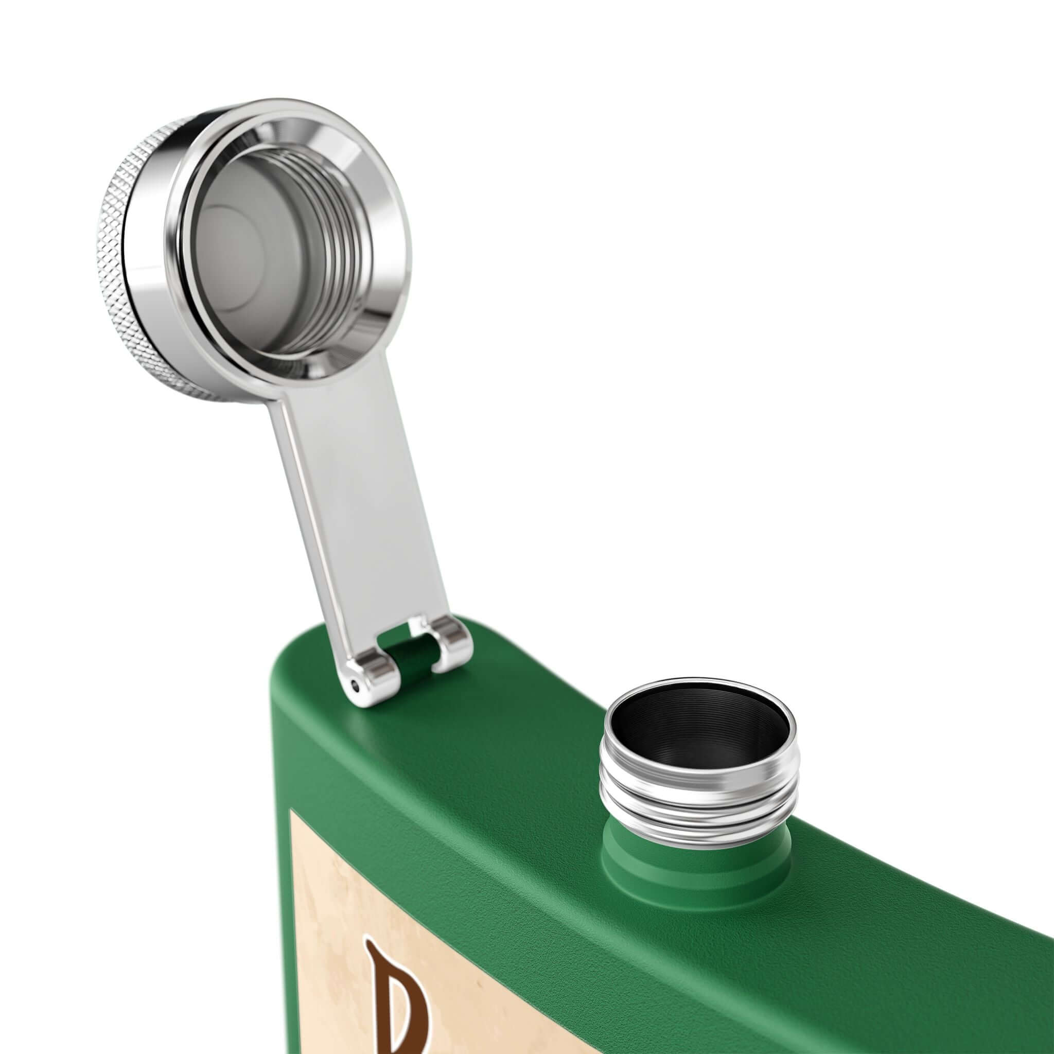 Rodeo-Flachmann aus Edelstahl für Fans in Nahaufnahme mit geöffnetem Deckel, zeigt Details der hochwertigen Verarbeitung.