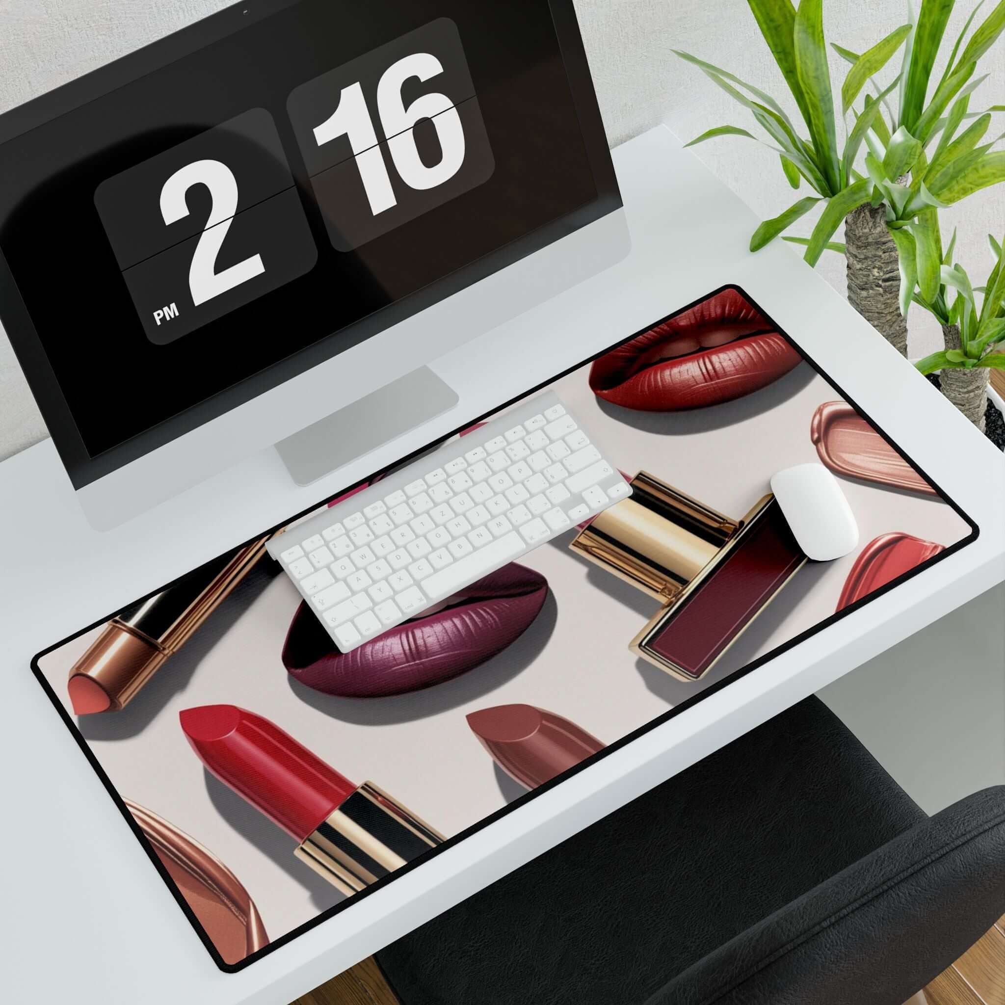 Schicke Lippenstift-Schreibtischmatte mit buntem Lippenstift-Design auf weißem Schreibtisch, inspirierend und kreativ.