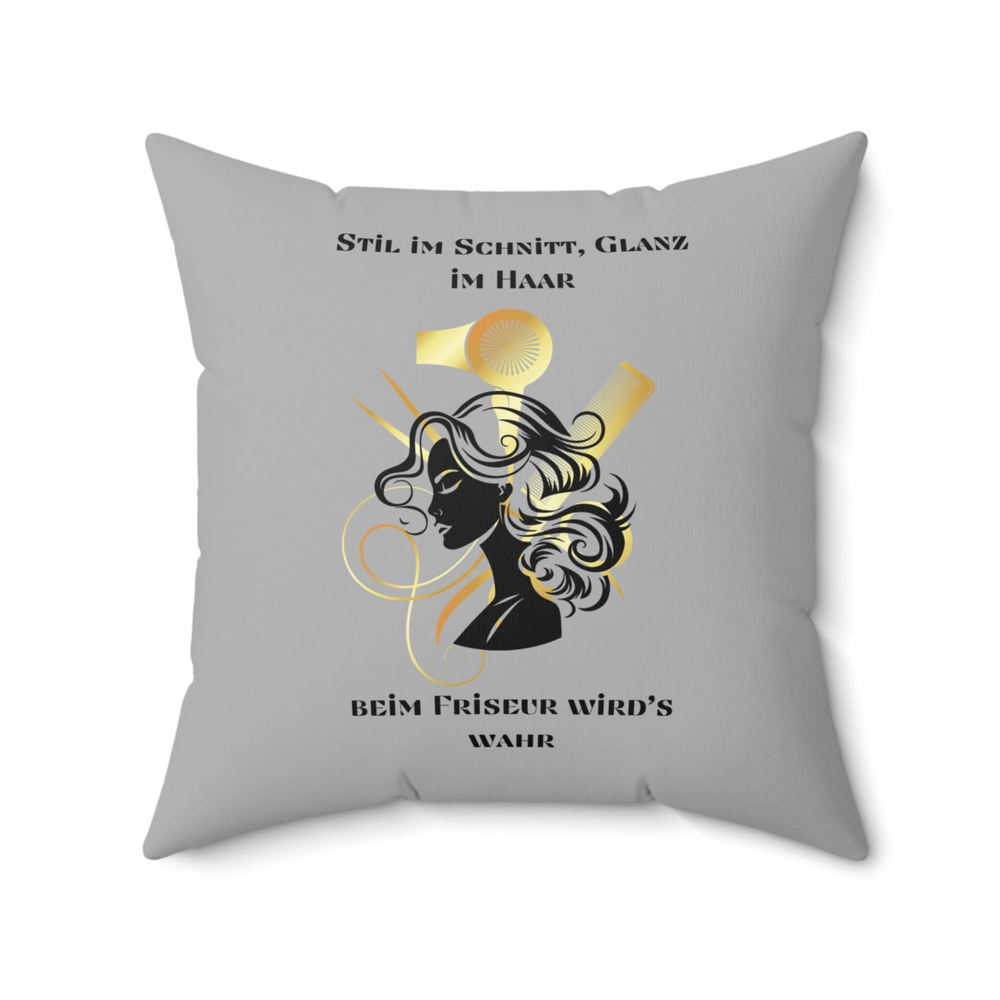 Schickes Salon Dekorkissen Friseurgeschenk mit elegantem Haardesign und Schriftzug auf grauem Kissenbezug. Perfektes Friseurgeschenk.