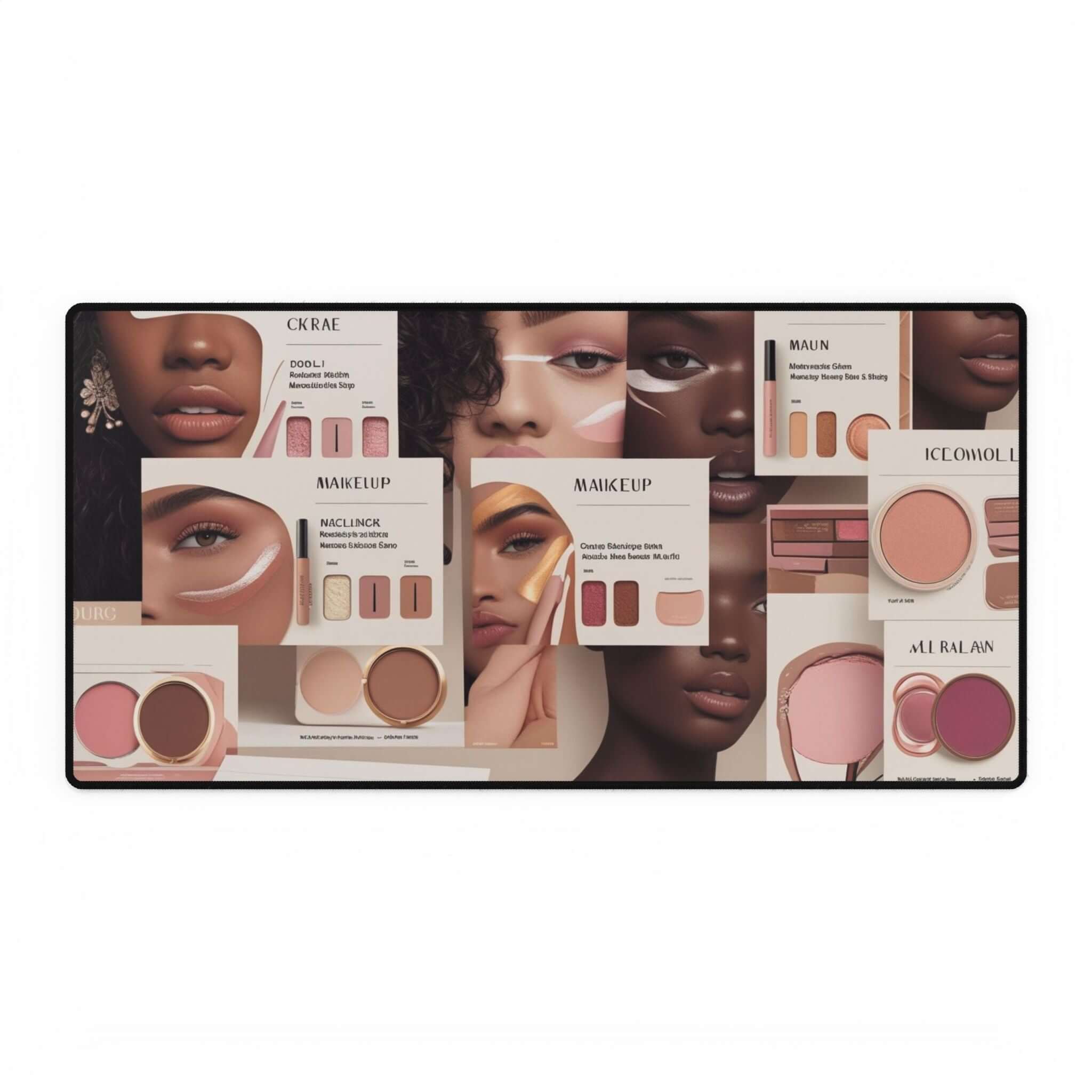 Vibrant makeup collage featuring eye shadow, blush, and diverse models, showcasing beauty and diversity.